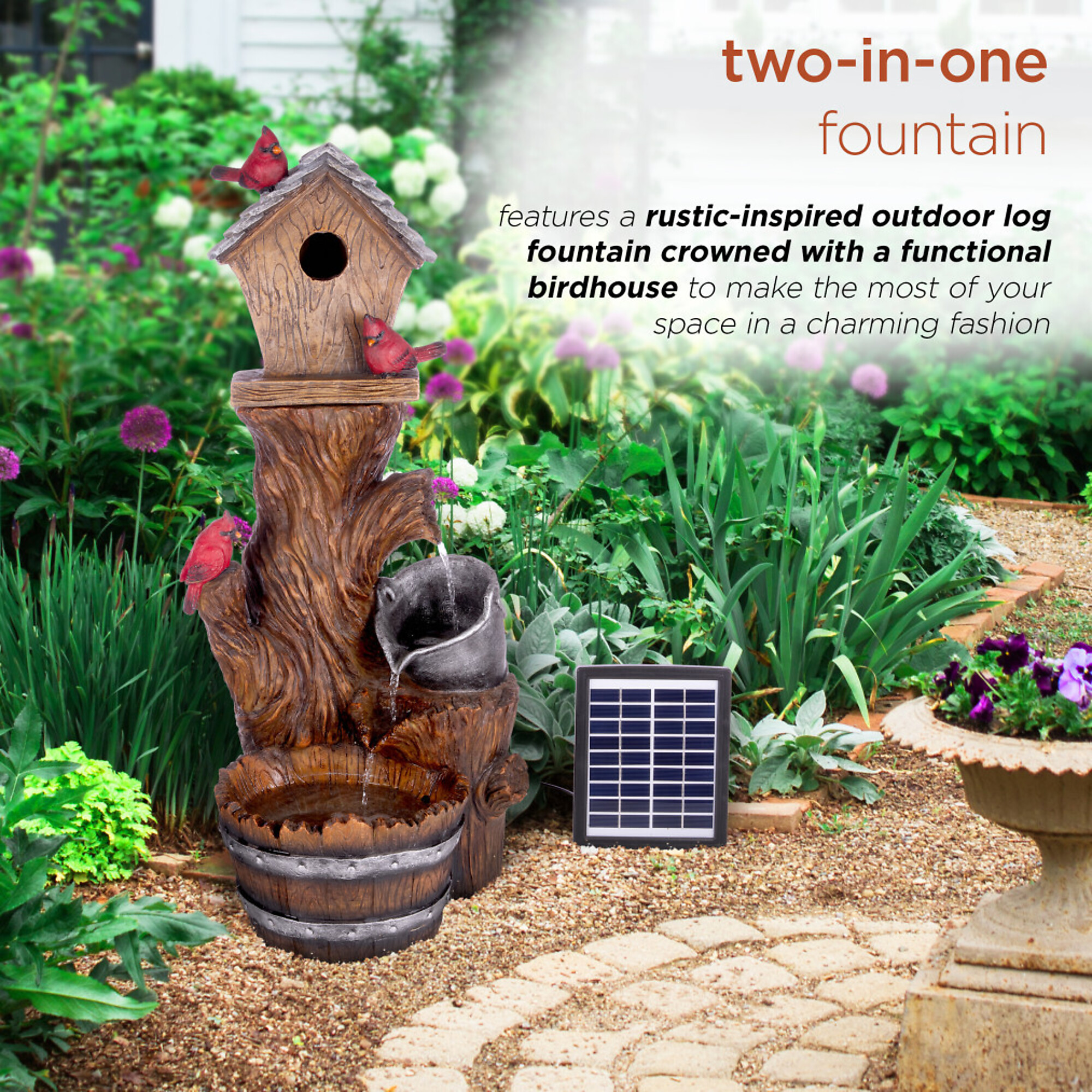 Alpine Corporation Solar Cardinal Birdhouse Cascading Barrel Fountain