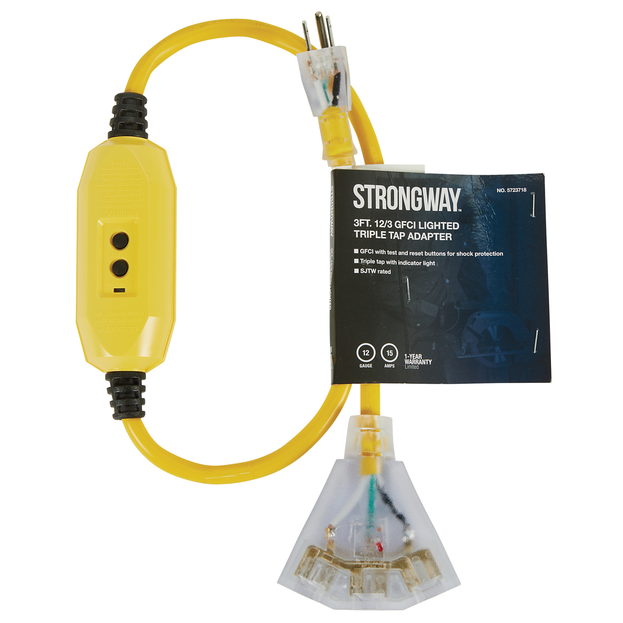 Strongway GFCI Lighted Triple Adapter, 3ft.L, 12/3-Ga, 15 Amps