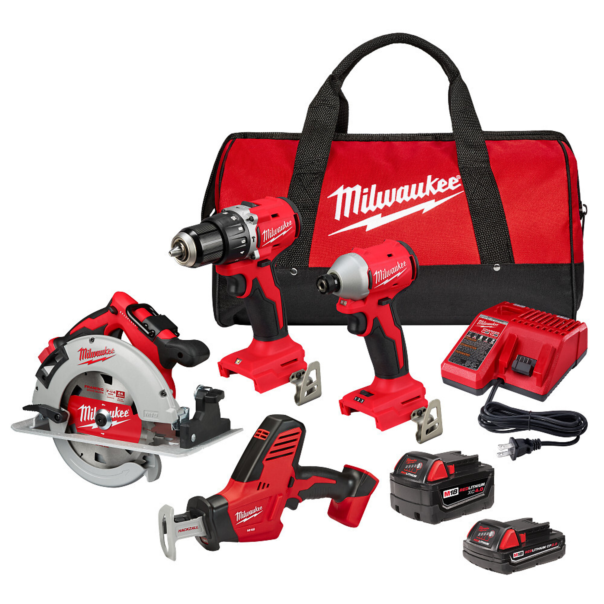 Milwaukee, M18 4 Tool Combo Kit, Chuck Size 1/2 in, Model# 3693