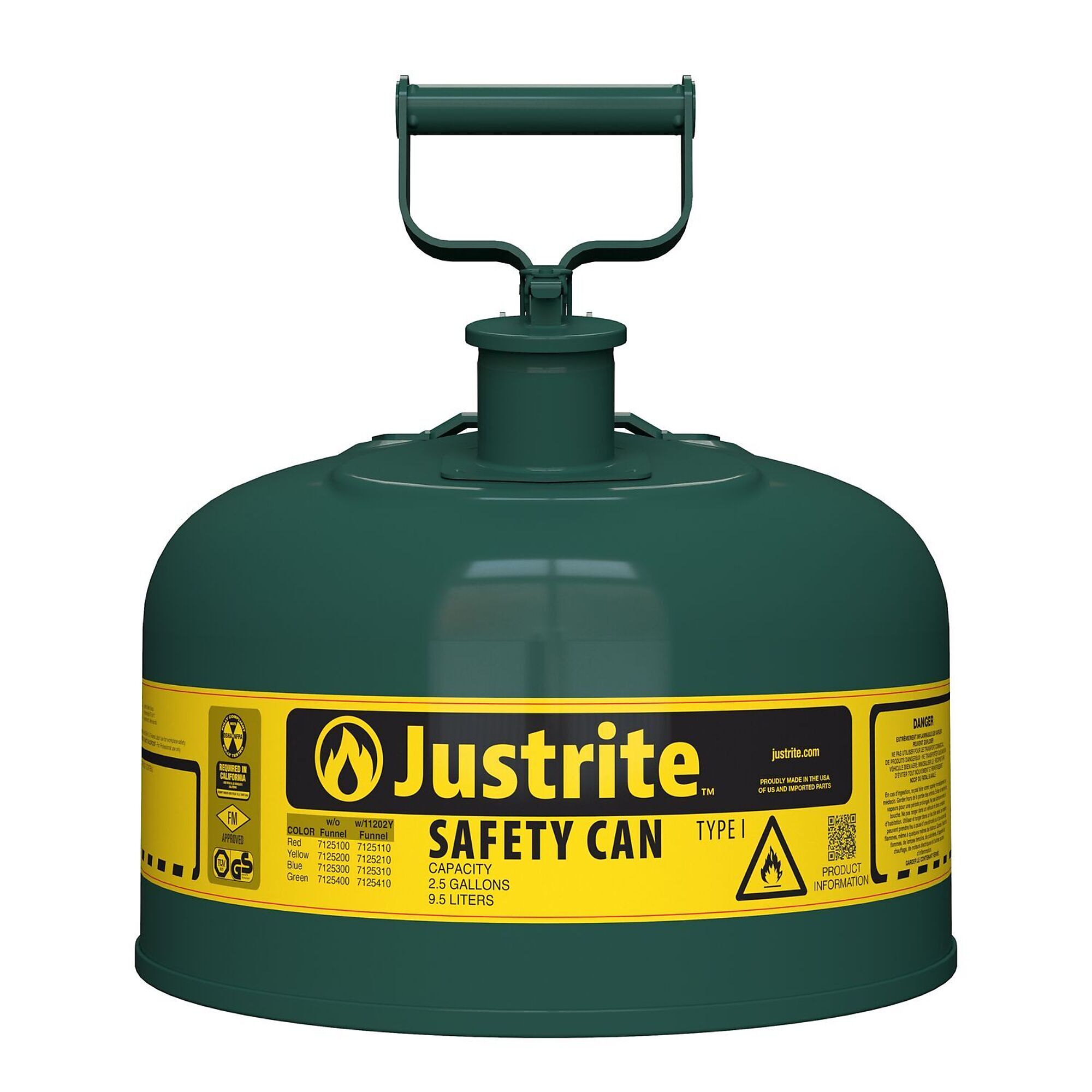 Type I Steel Safety Can for flammables, 2.5 gallon, S/S flame