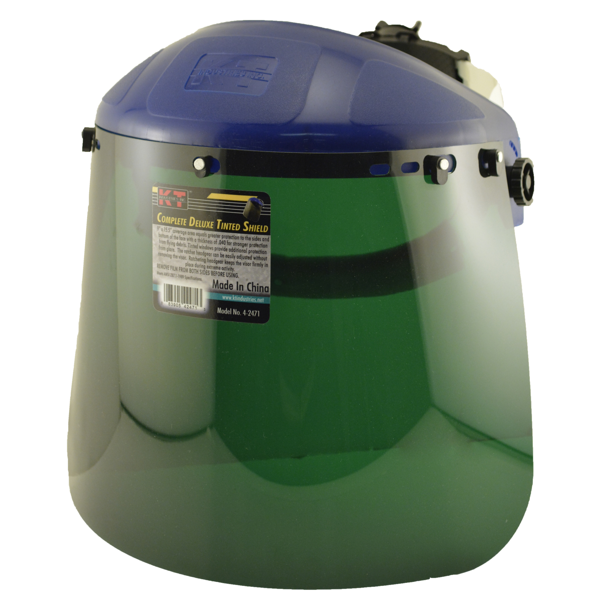 K-T Industries Green Face Shield — Ratchet Style, Tinted Windows