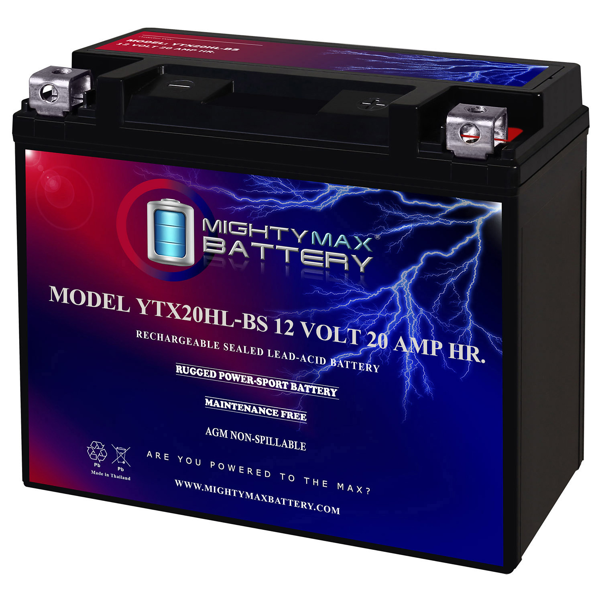 Mighty Max Battery YTX20HL-BS — 12V, 20Ah, 310 CCA, Rechargeable