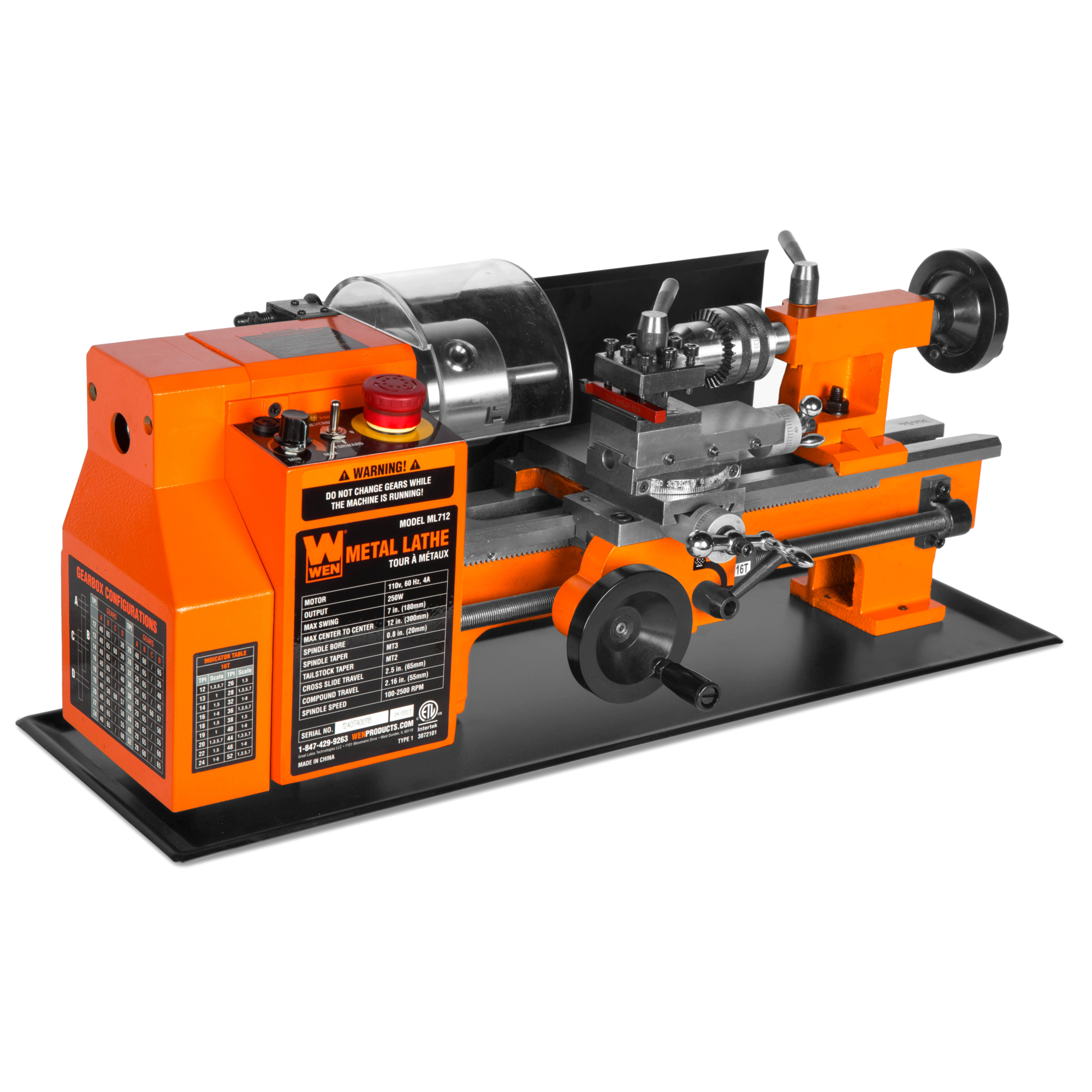 WEN ML712 7-by 12-Inch Benchtop Metal Lathe, Variable Speed, Two