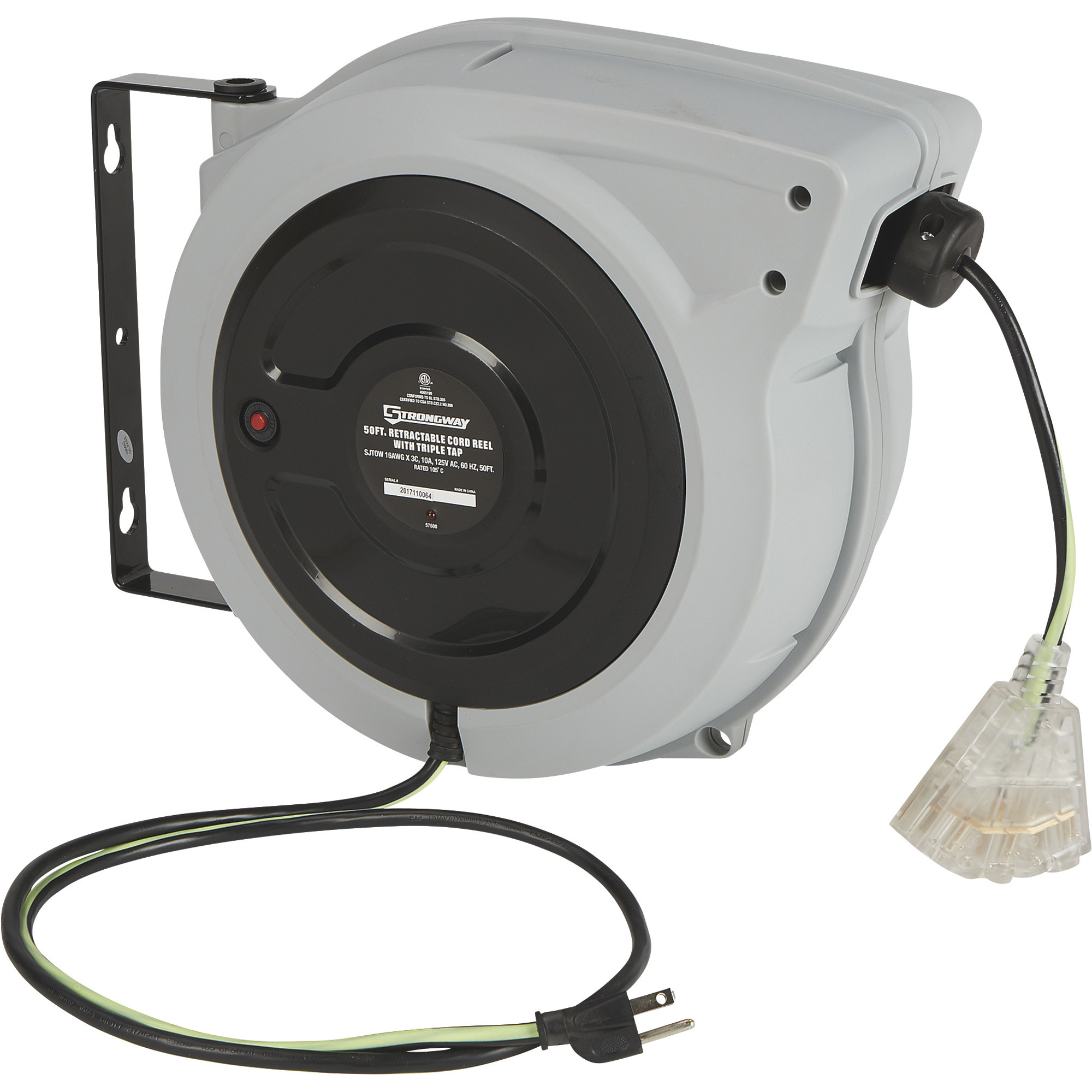 Strongway Retractable All-Weather Cord Reel- 50ftL 16/3 Triple Tap Auto Rewind