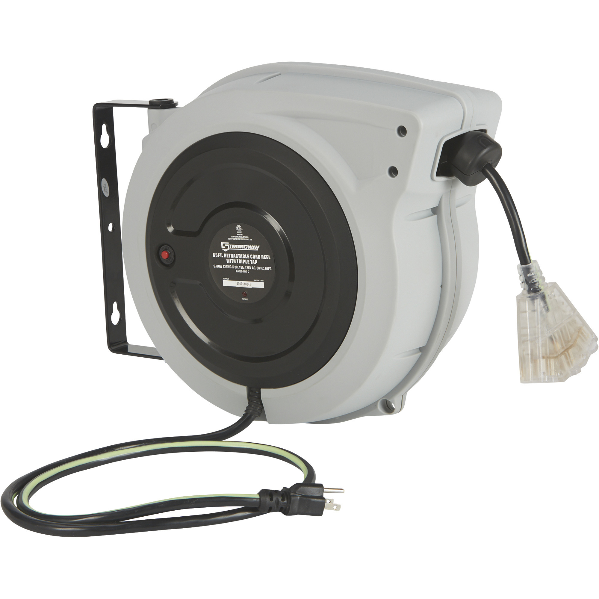 Strongway Retractable Cord Reel - 65ft.L, 12/3, Triple Tap