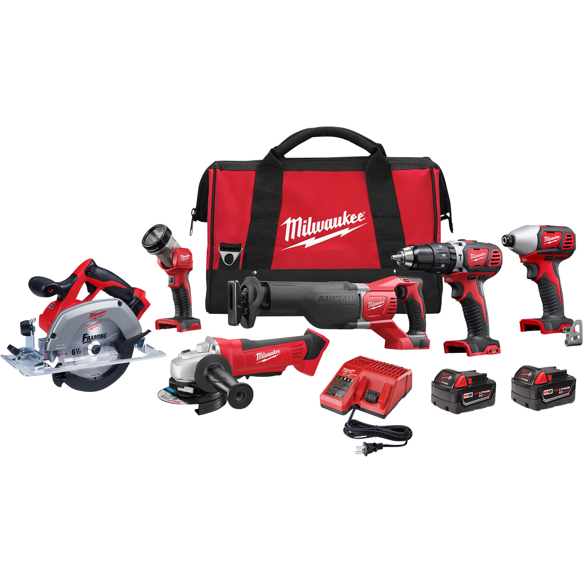 Milwaukee M18 Li-Ion Cordless Power Tool Set, 6-Tool Set, 2 Batteries ...