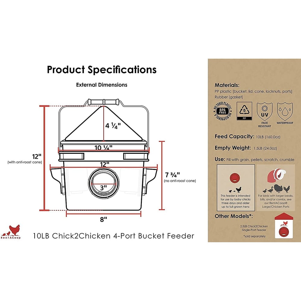 RentACoop, 10 Lb. Chick2Chicken 4-Port Poultry Feeder,Includes Anti-Roost Cone, Slider Port Cover, and Lid - Suitable for up to 20 Chicks & 12 Adult Chickens, Model# PL-2GAL-FEED