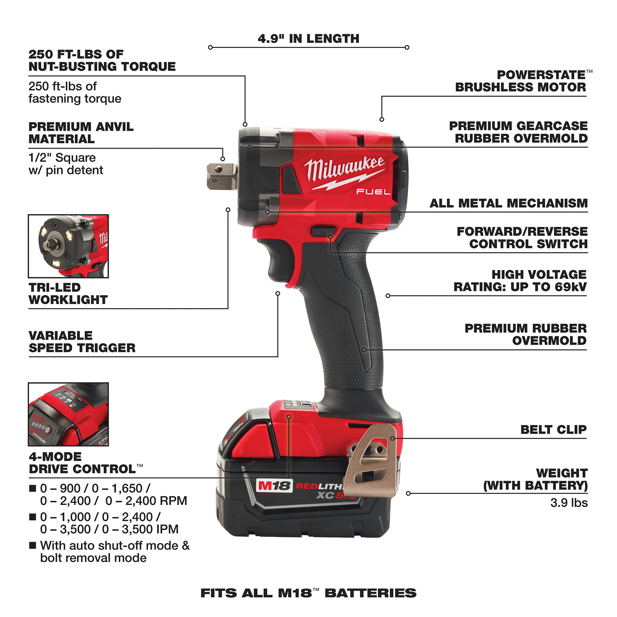 Milwaukee M18 FUEL Compact Impact Wrench with Pin Detent Kit, 1/2in. Drive, 250