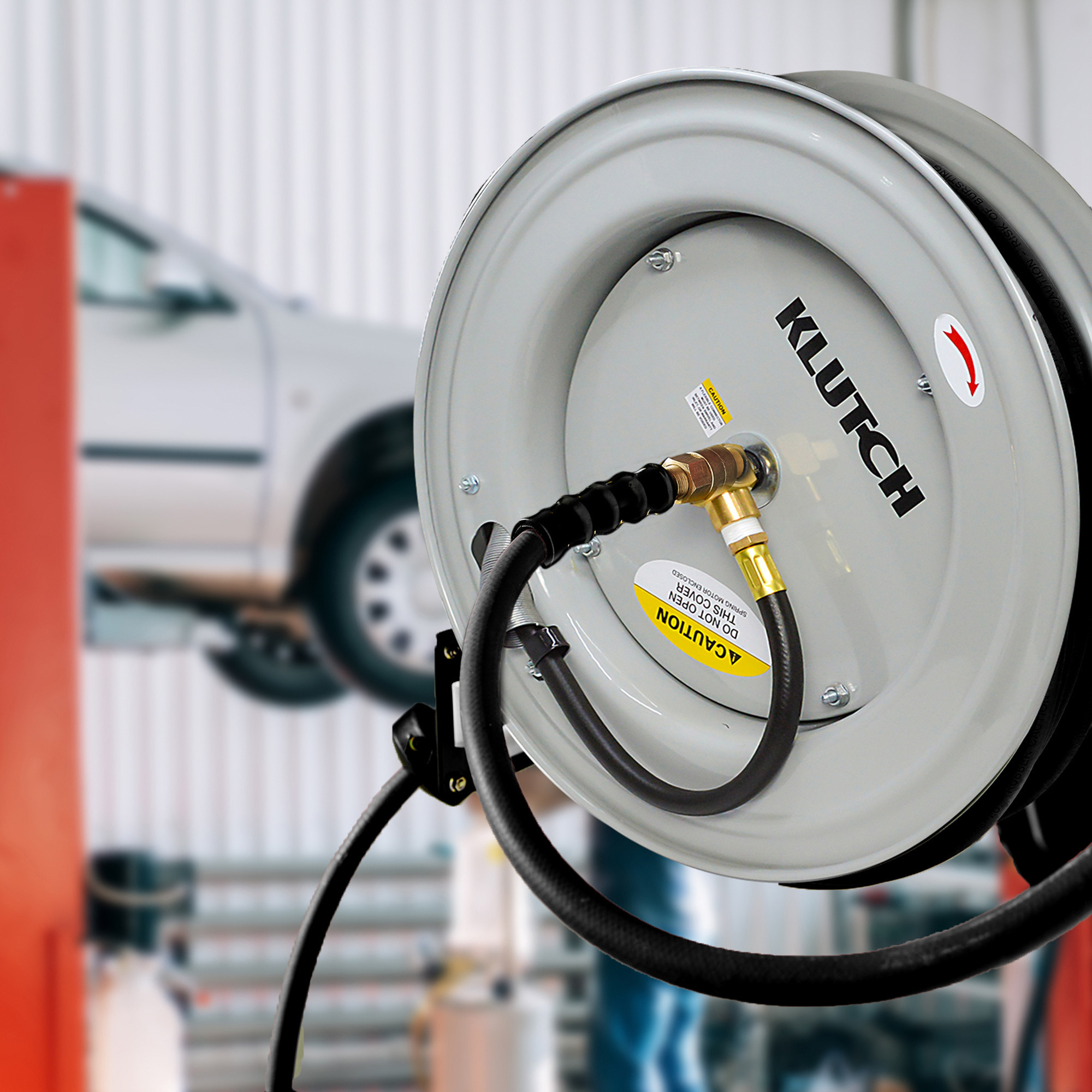 Klutch Auto-Rewind Air Hose Reel with 3/8in. x 50ft. Rubber Hose, 300 PSI