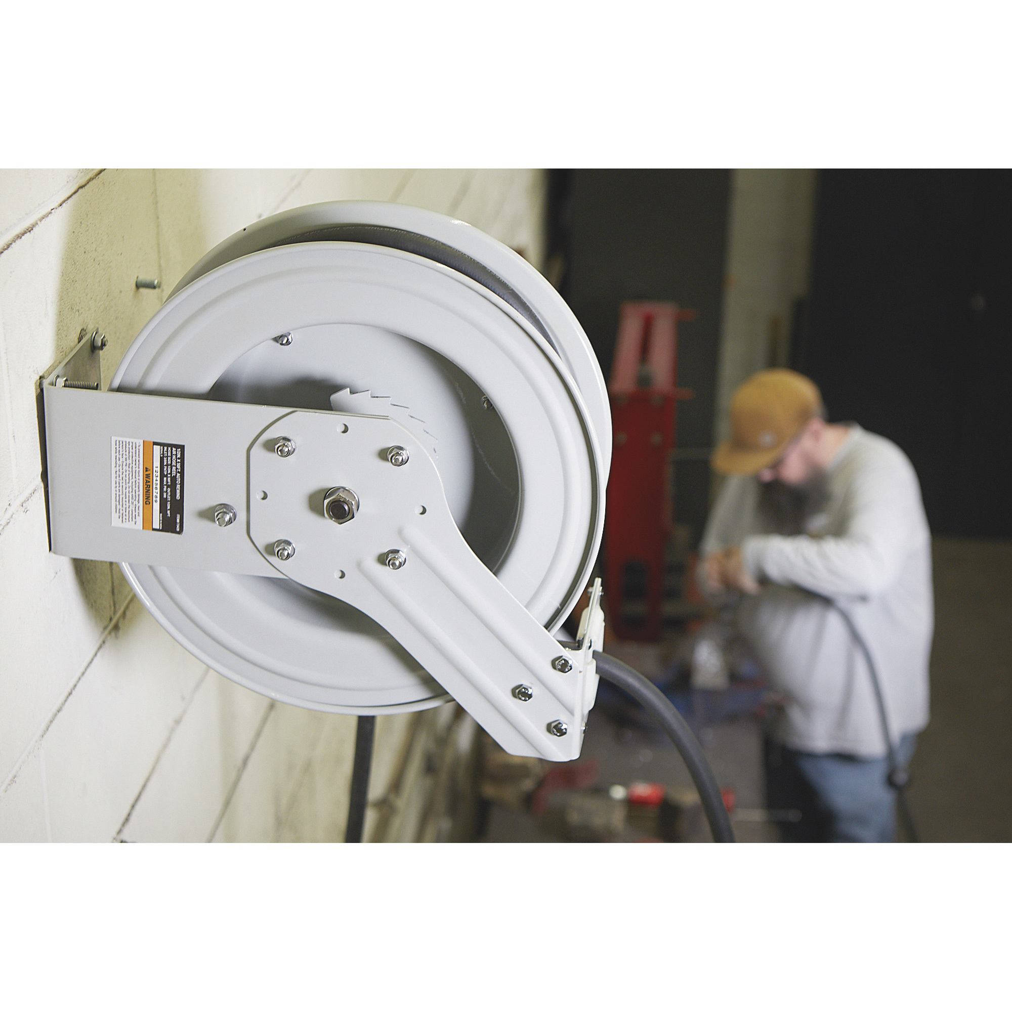 Klutch Auto-Rewind Air Hose Reel with 3/8in. x 50ft. Rubber Hose, 300 PSI