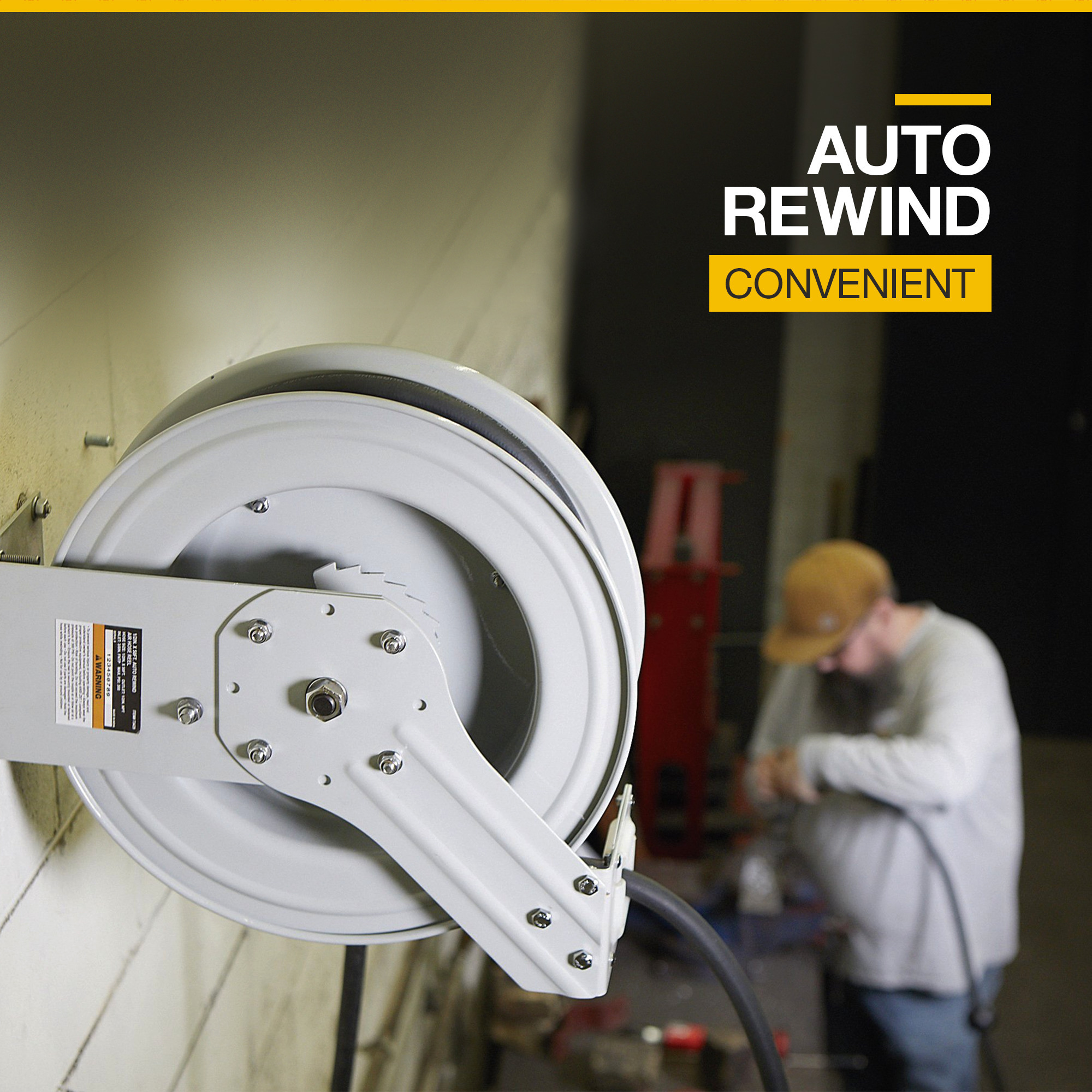 Klutch Auto-Rewind Air Hose Reel with 3/8in. x 50ft. Rubber Hose, 300 PSI