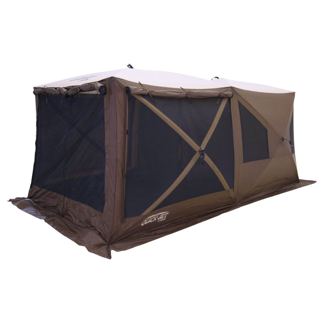 Clam Quick-Set, Cabin Screen Shelter 4 sides Zip Down Sides, Length 8.33 ft, Width 14.17 ft, Color Brown, Model 14628