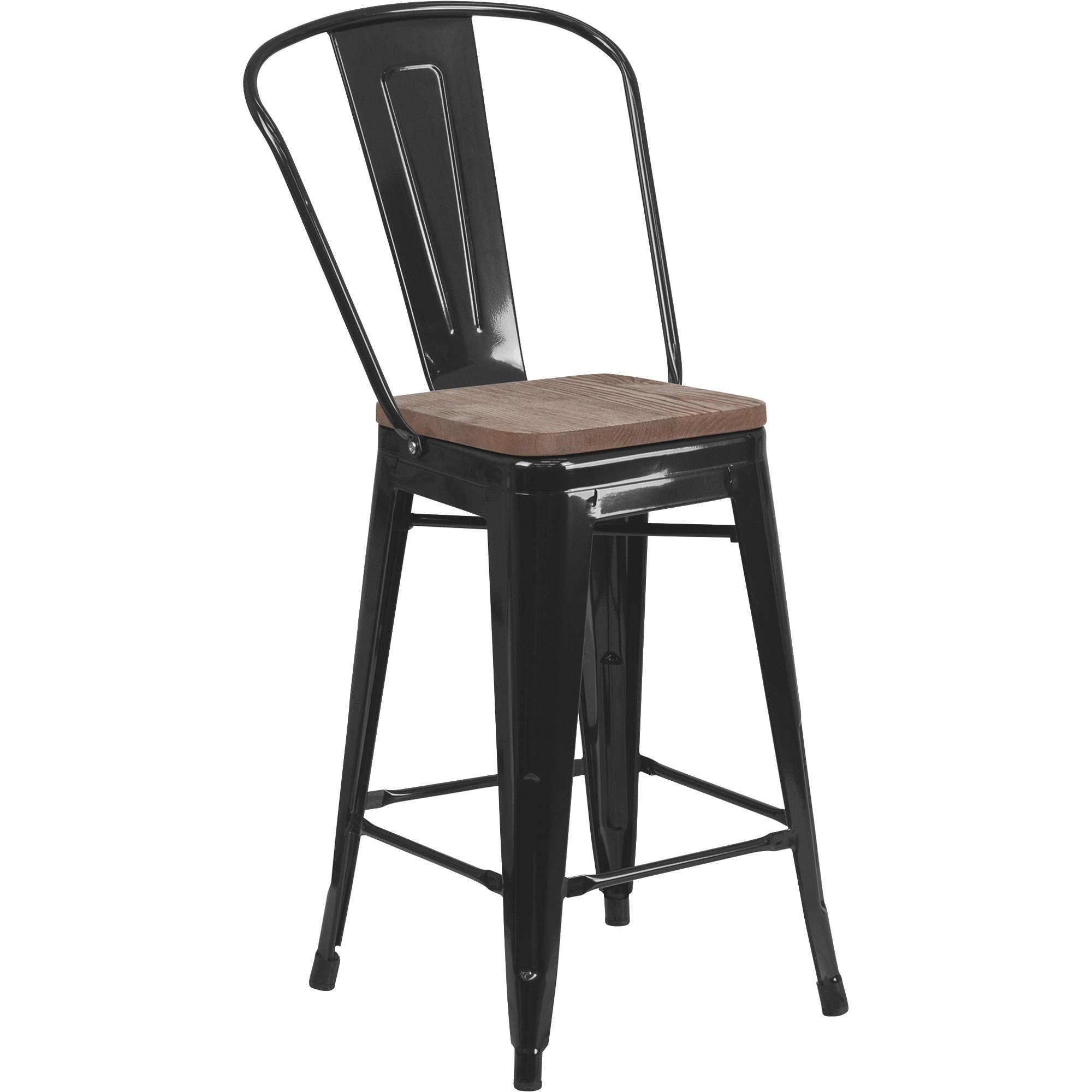 Flash Furniture 24in.H Metal Counter Stool with Slat Back and Wood Seat