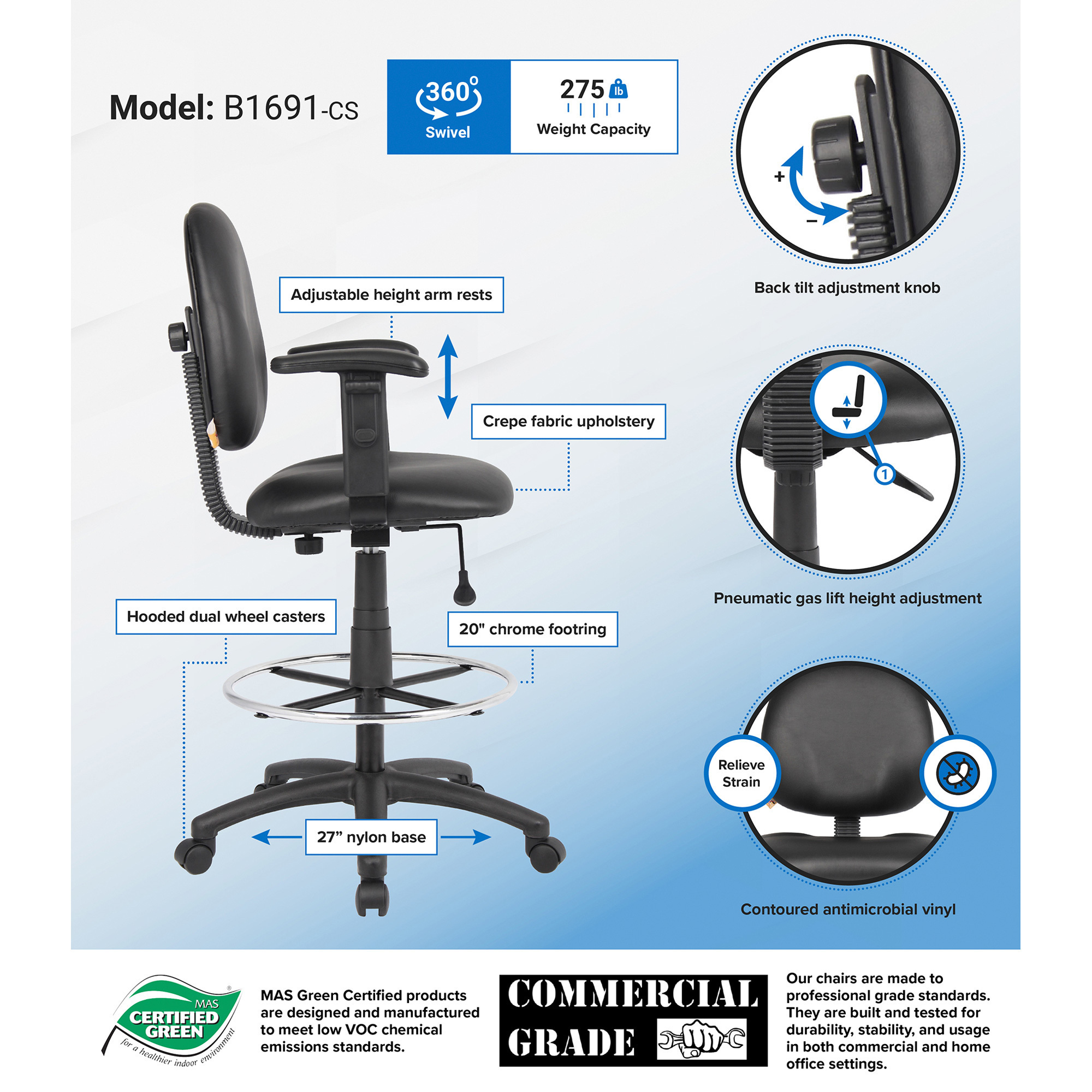 Drafting Stool with Footring and Adjustable Arms Blue - Boss Office Products