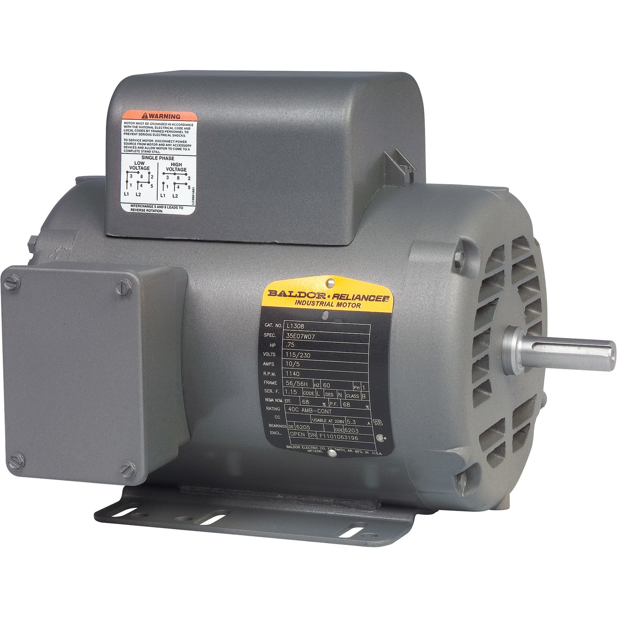 Baldor Reliance Electric Motor — 5 HP, 1725 RPM, 230 Volts, Single Phase, Model# L1410T