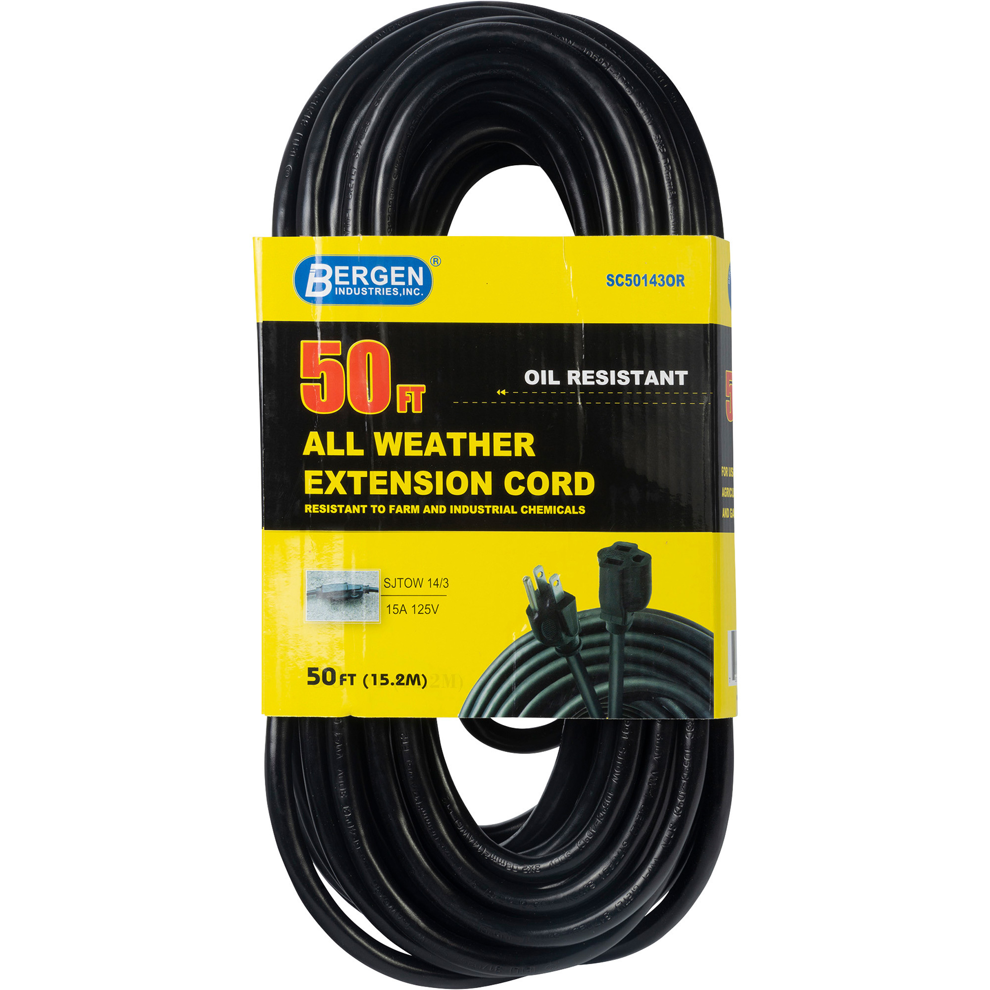 Bergen Industries Heavy-Duty Outdoor Extension Cord, 50ft., 14/3 Gauge, 15 Amps, Model# SC50143OR