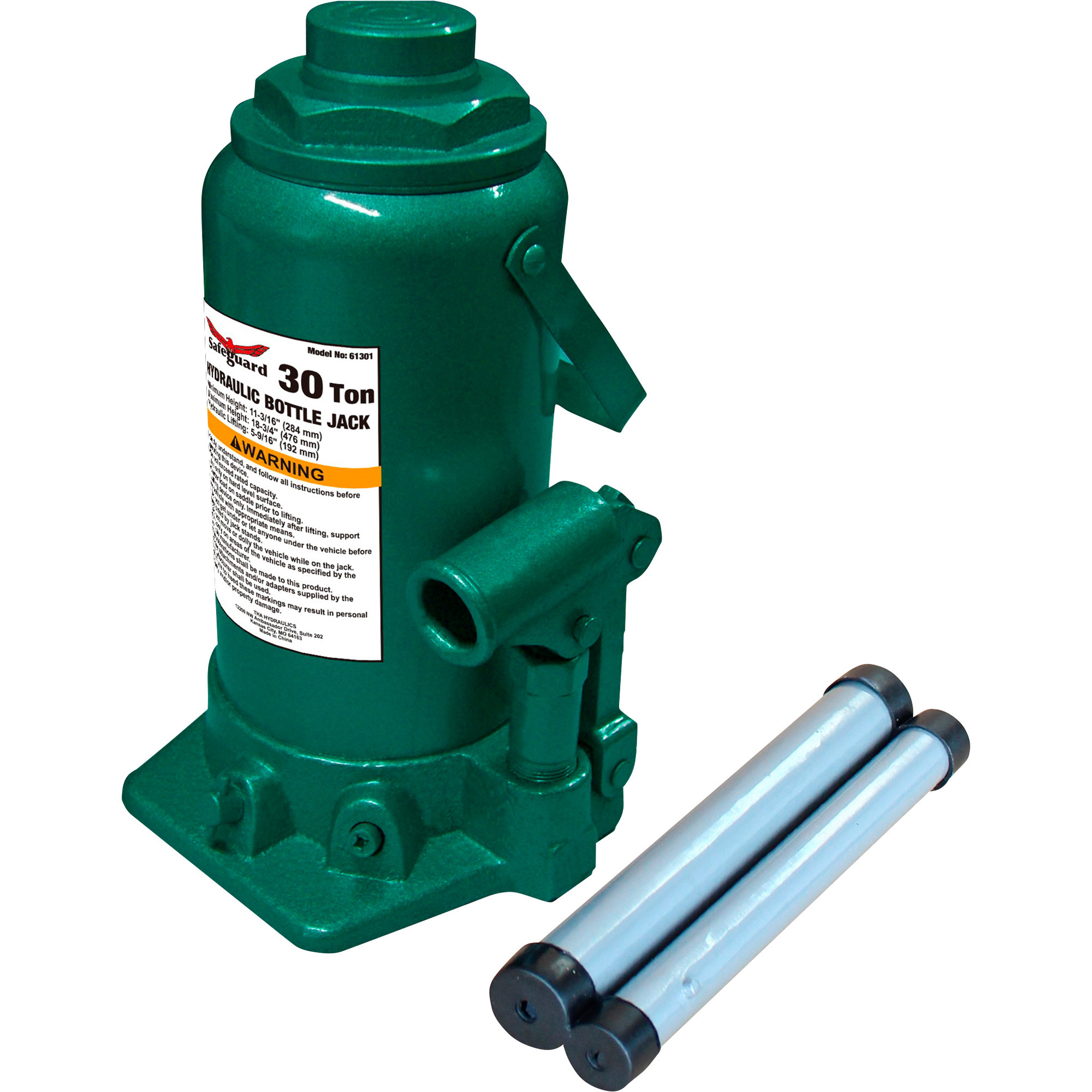 Safeguard, 30 TON BOTTLE JACK, Lift Capacity 30 Tons, Max. Lift Height 17.75 in, Min. Lift Height 9.5 in, Model# 61301