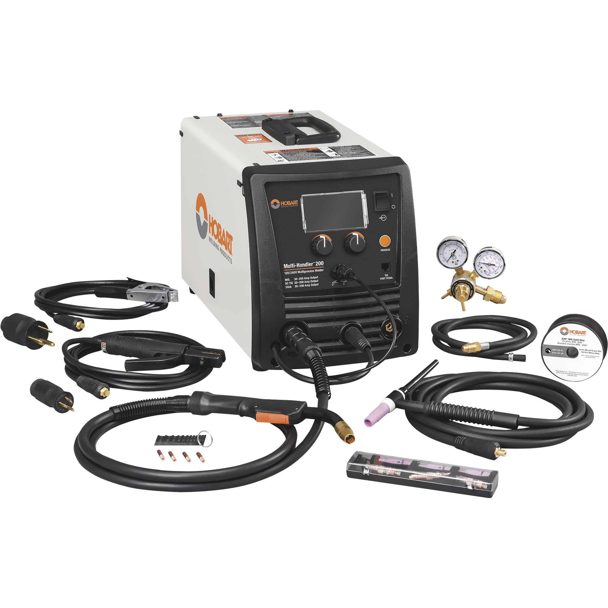 Hobart Multi-Handler 200 Flux-Core/MIG Multi-Process Welder with  Multi-Voltage Plug and MIG Gun, 120/240V, 20–200 Amp Output, Model# 500578