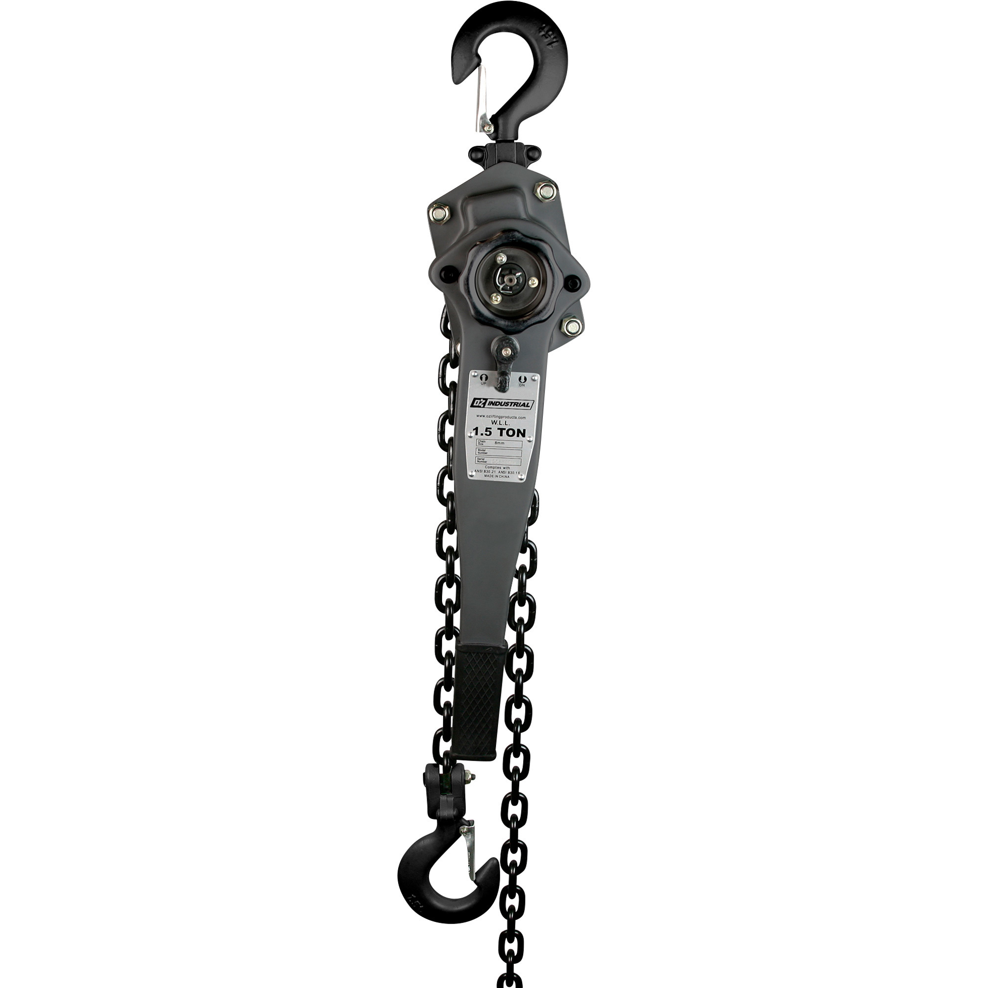 OZ Lifting Products Industrial Series Manual Lever Hoist, 1 1/2-Ton Capacity, 15ft. Lift, Model# OZIND150-15LH