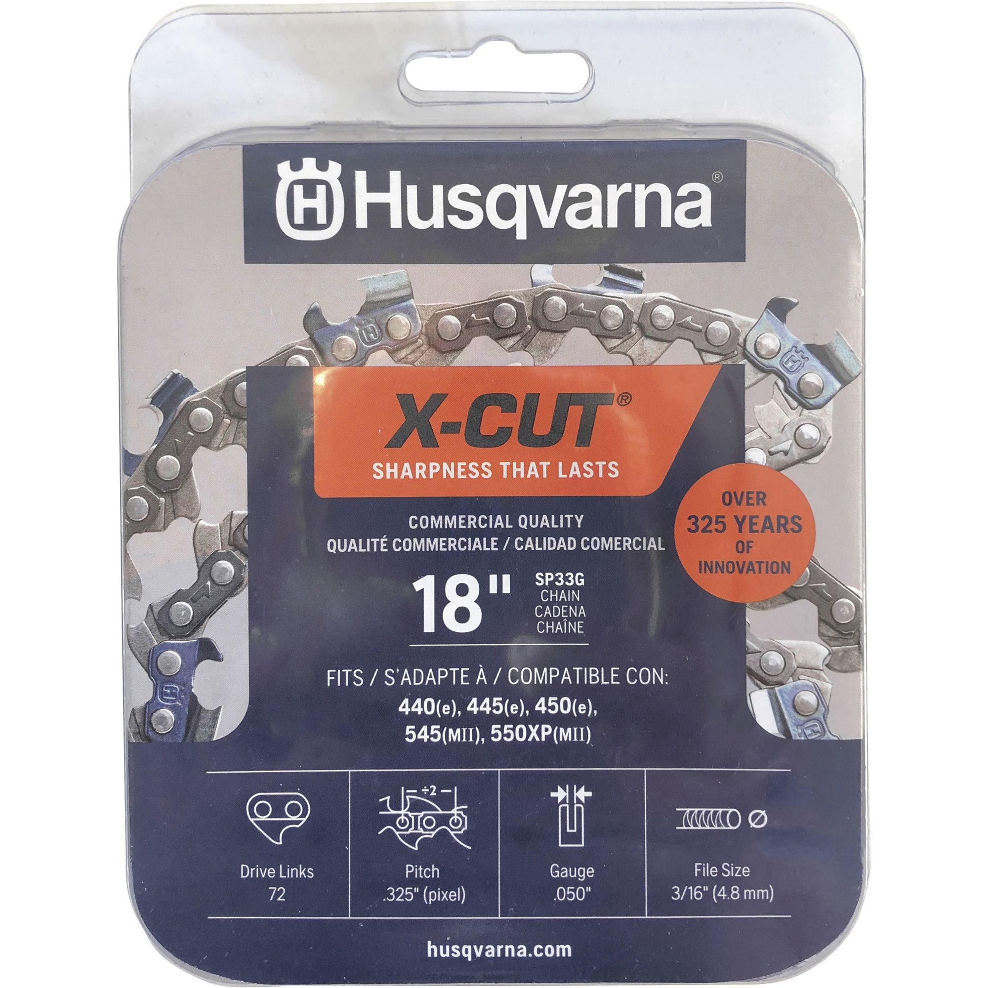 Husqvarna X-Cut Chainsaw Chain, 0.325in. x 0.050in., Fits Husqvarna X-Cut Chainsaw Chain, 0.325in. x 0.050in., Fits
