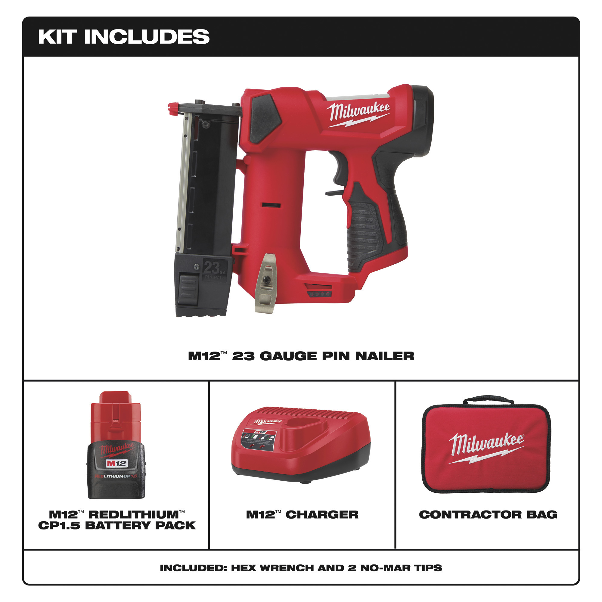 Milwaukee M12 Cordless 23 Gauge Pin Nailer Kit, 1 Battery, Model 2540