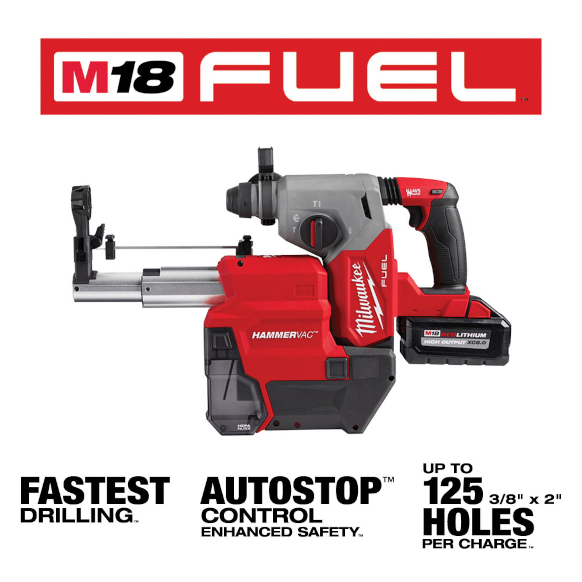 Milwaukee M18 FUEL 1in. SDS Plus Rotary Hammer with Dust Extractor Kit —  Batteries, Model# 2912-22DE Northern Tool
