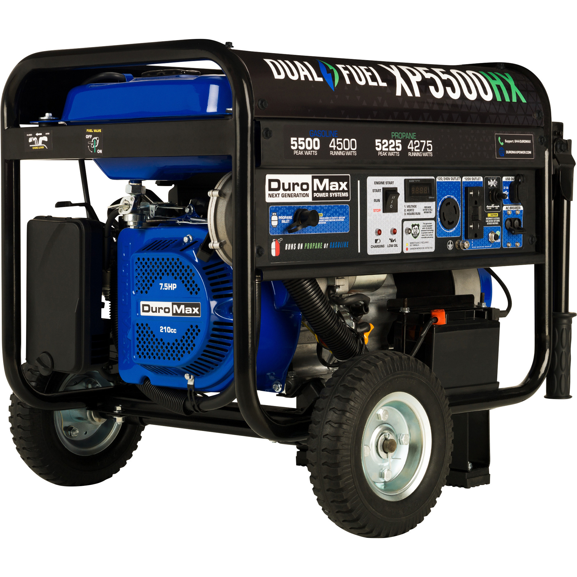 DuroMax Dual Fuel Generator with CO Alert, 5500 Surge Watts, 4500 Rated Watts, Electric Start, Model# XP5500HX
