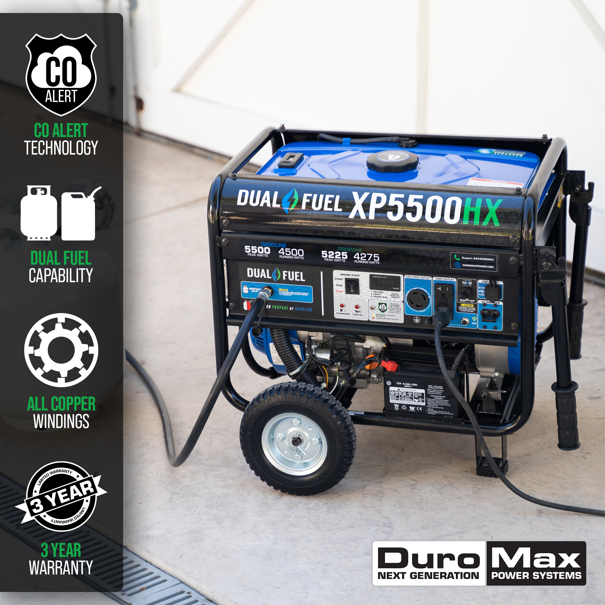 DuroMax Dual Fuel Generator with CO Alert, 5500 Surge Watts, 4500 Rated Watts, Electric Start