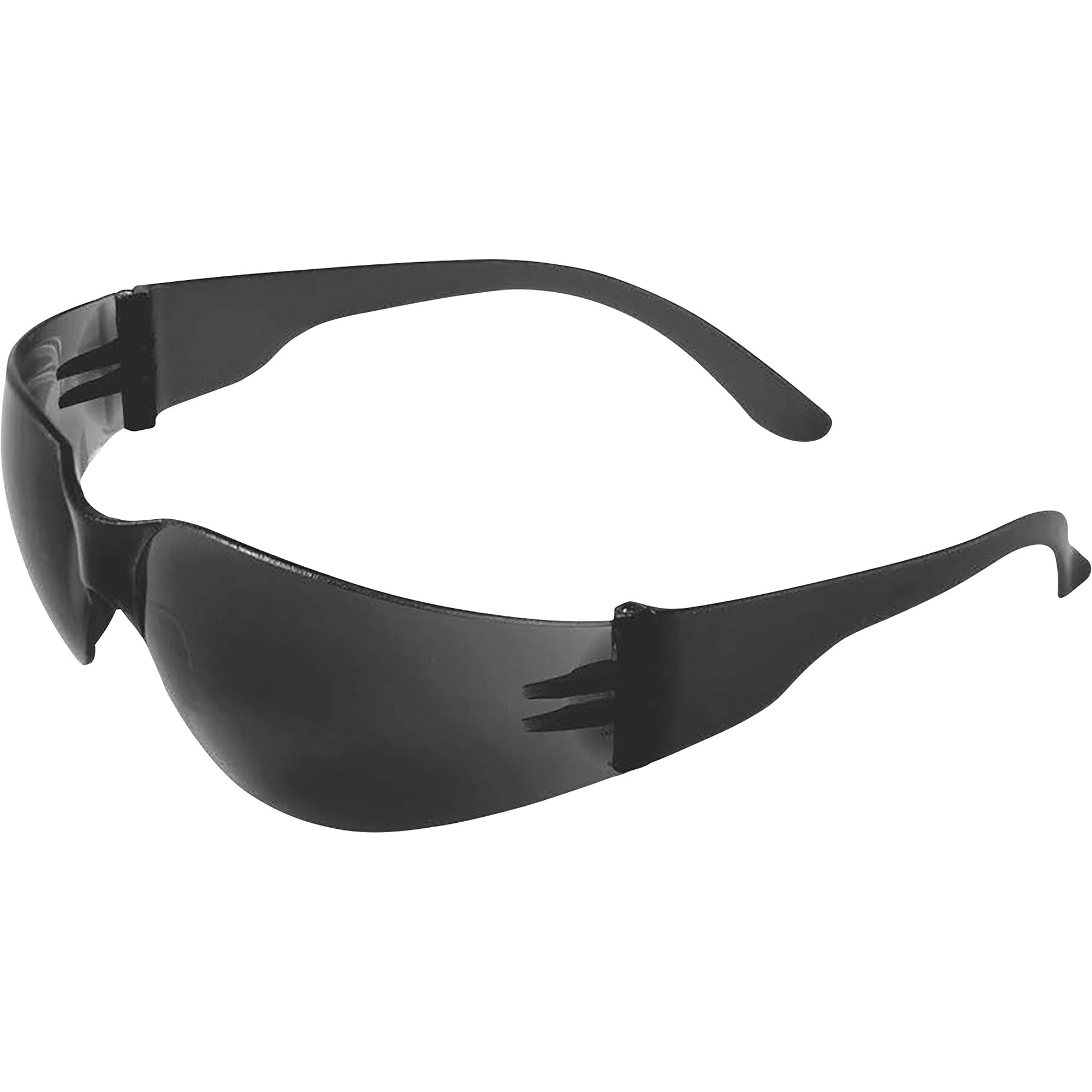 Bullhead Frameless Hard-Coated Safety Glasses, 12 Pairs, 10 Base Curve Wrap Around, Smoke Lenses, Frosted Black Temples