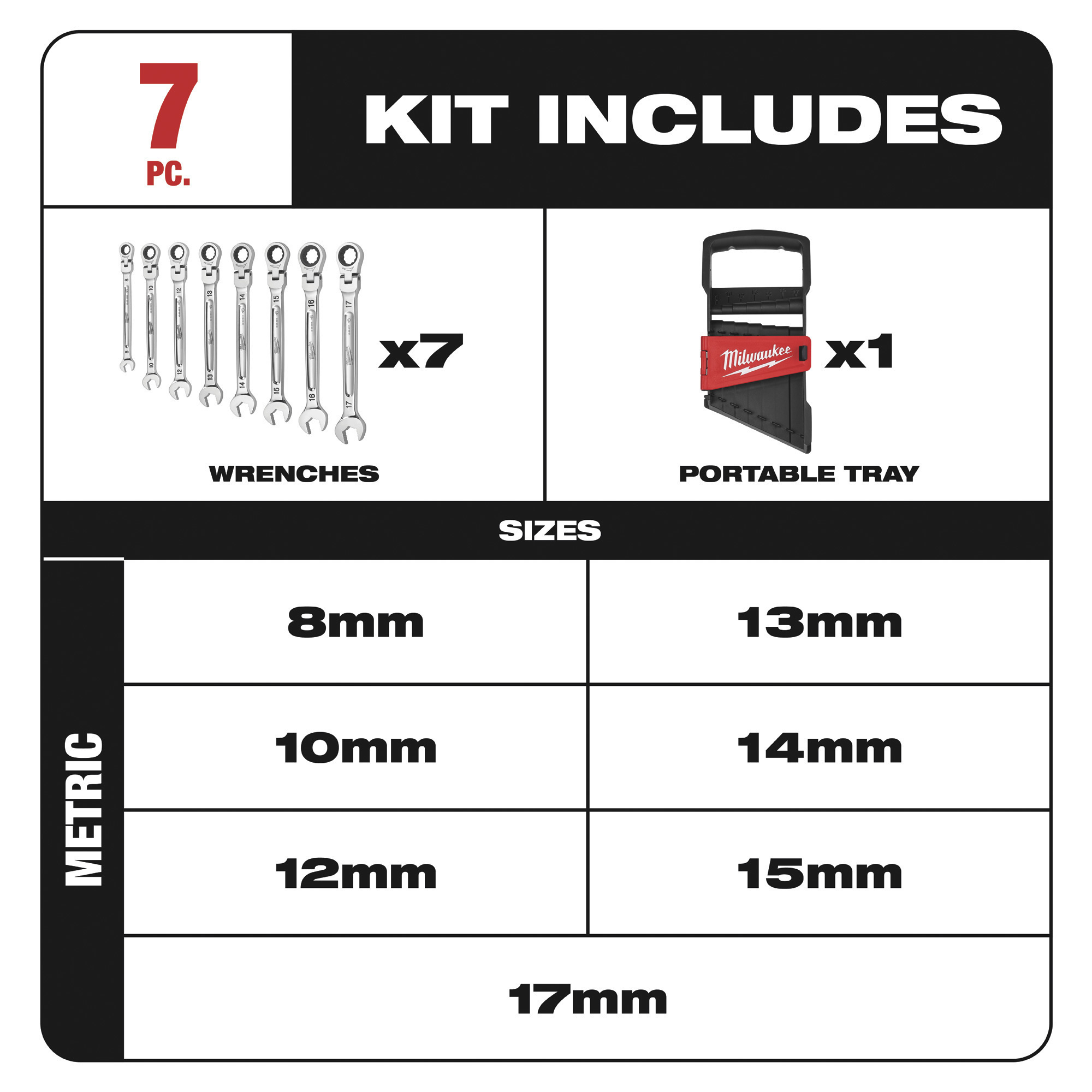 Milwaukee® Flex Head Ratcheting Combination Wrench Set — 7Pc., Metric, Model 48229529