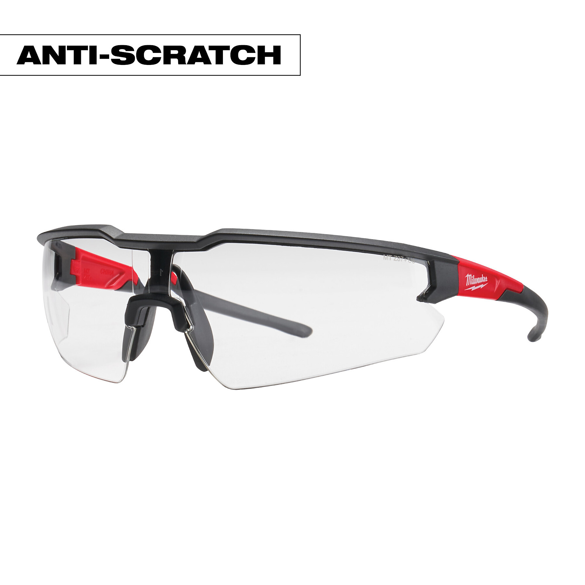 Milwaukee Anti-Scratch Safety Glasses, Clear Lenses, Black/Red Frames, Model# 48-73-2011