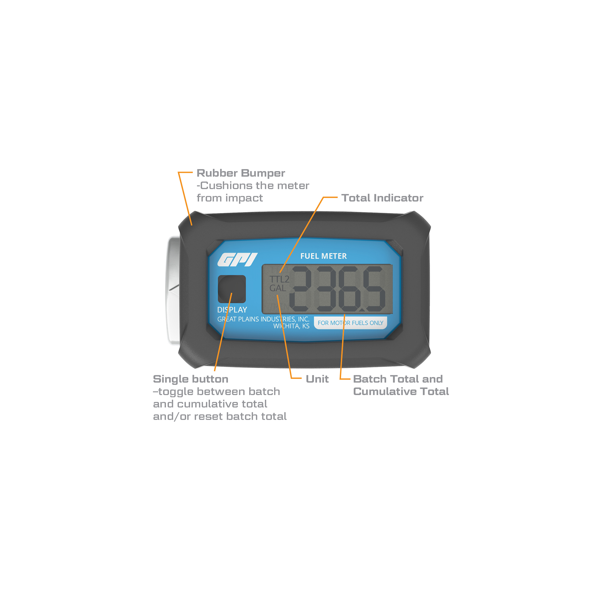 GPI Digital Fuel Meter, 1in. Inlet/Outlet, 3 to 30 GPM, Model 01A31GM