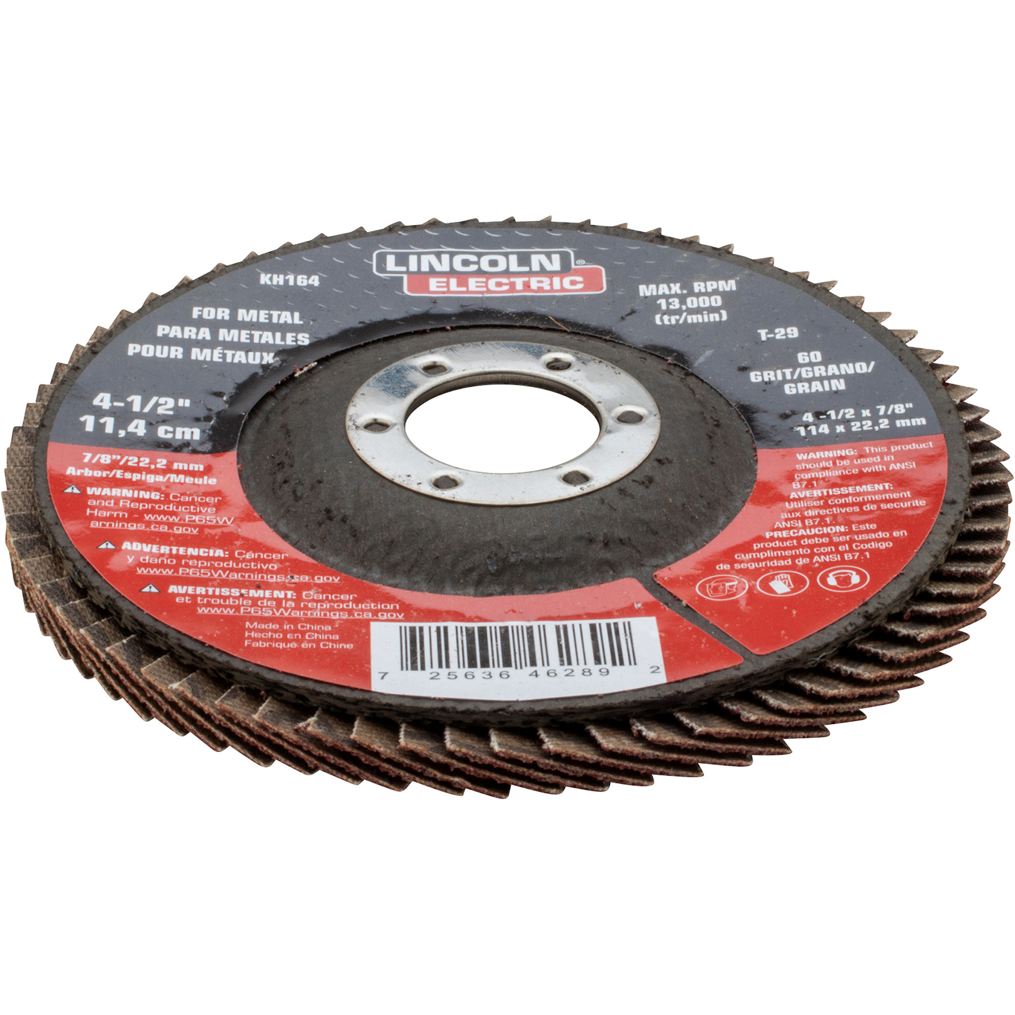 Lincoln Electric Grinding Flap Disc, 4.5in. Dia, 60 Grit, Model# KH164
