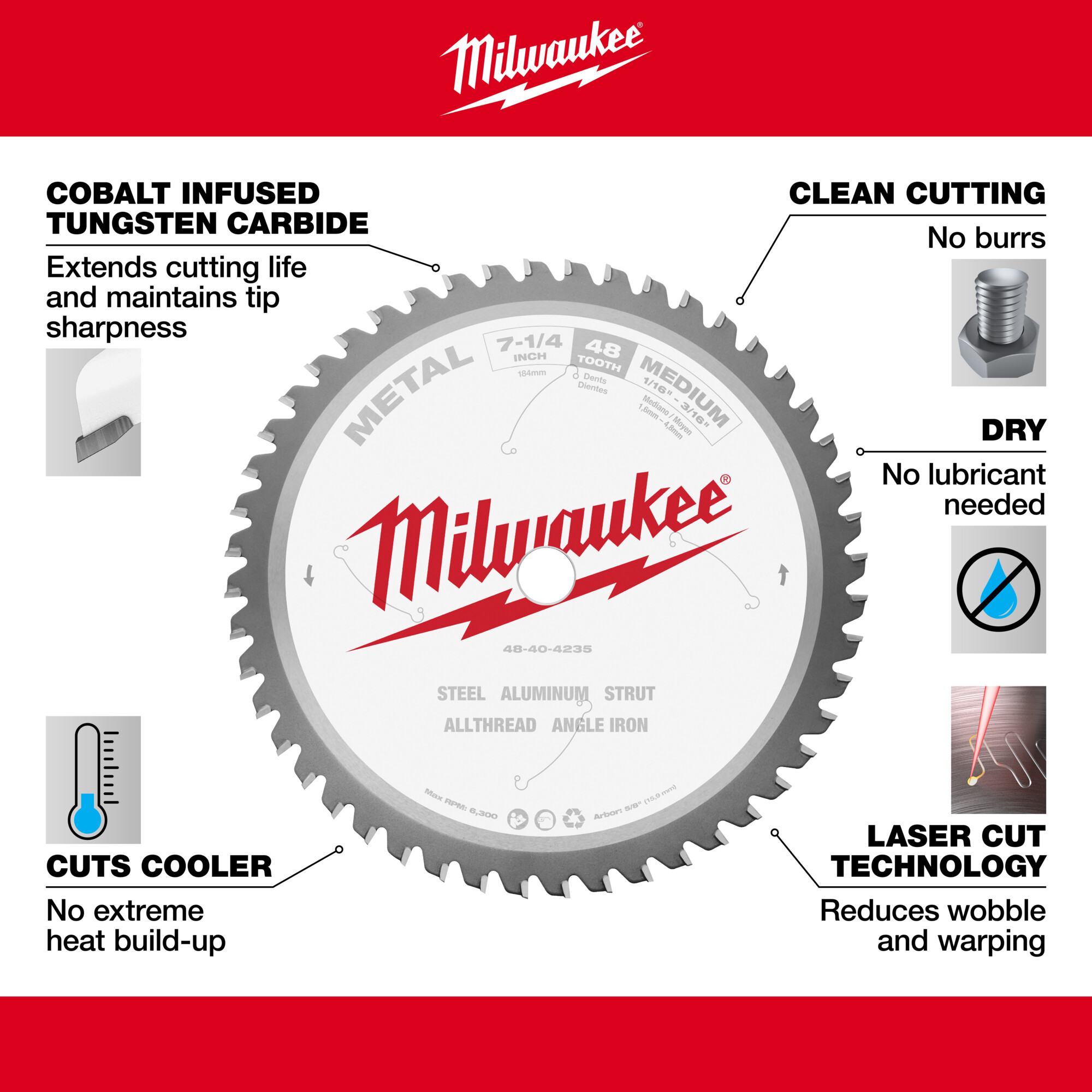 Milwaukee 7 1/4in. Metal Cutting Circular Saw Blade, 48T, Model 4840