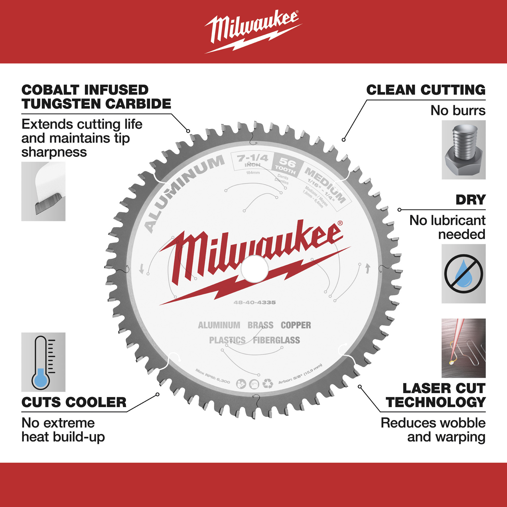 Milwaukee 7 1/4in. Aluminum Cutting Circular Saw Blade — 56T, Metal