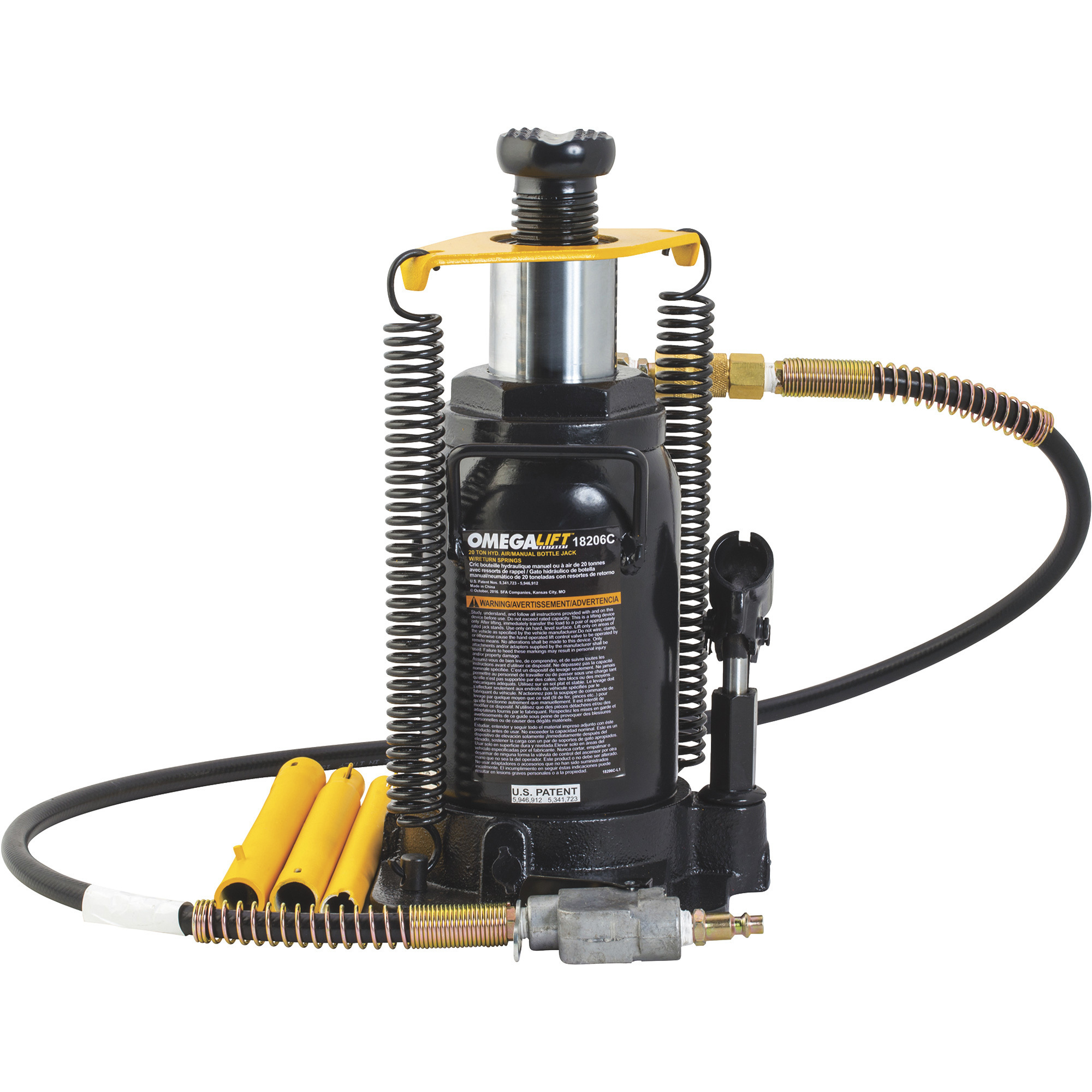 Omega 20-Ton Hydraulic Air/Manual Bottle Jack with Return Springs — Model#  18206C Northern Tool