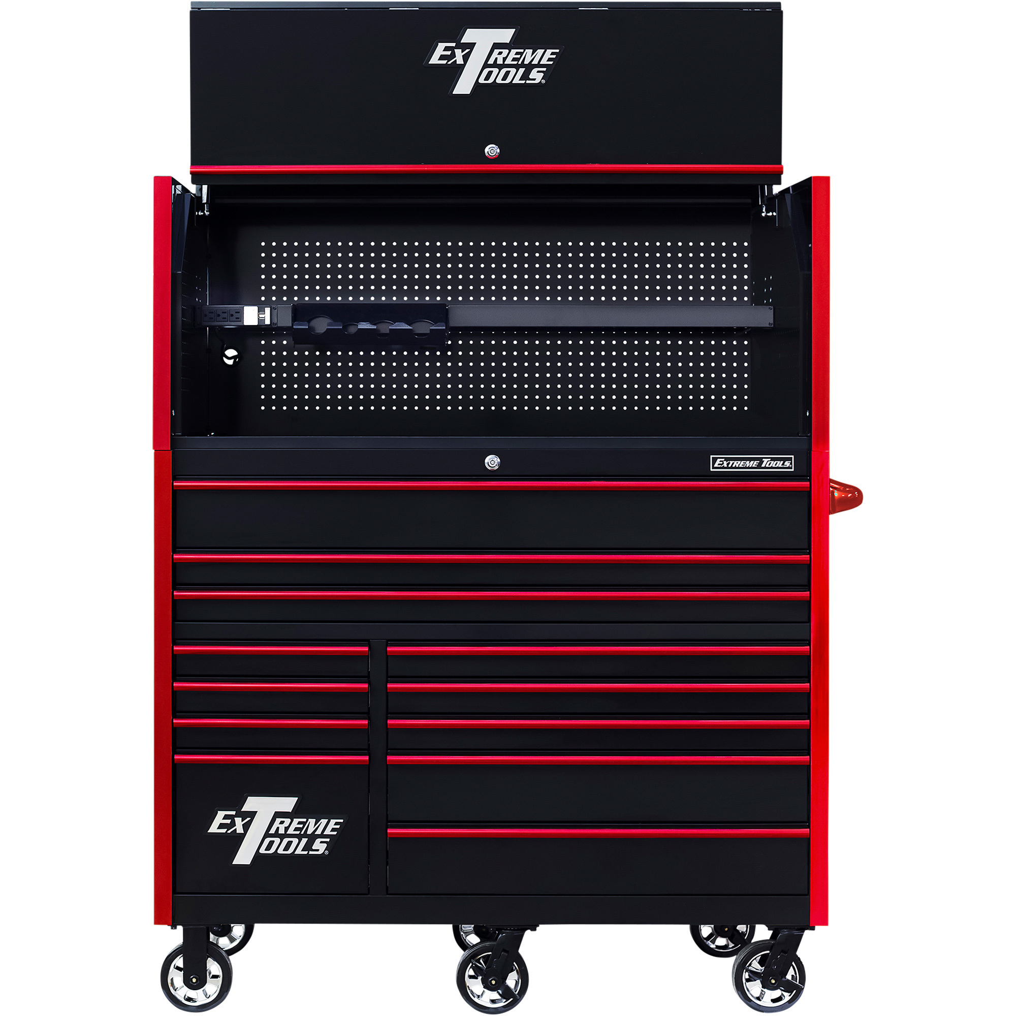 Extreme Tools Power Workstation Professional Hutch and 12-Drawer Roller Cabinet Combo - 55in.W, Black/Red, Model# RX5513HRKR