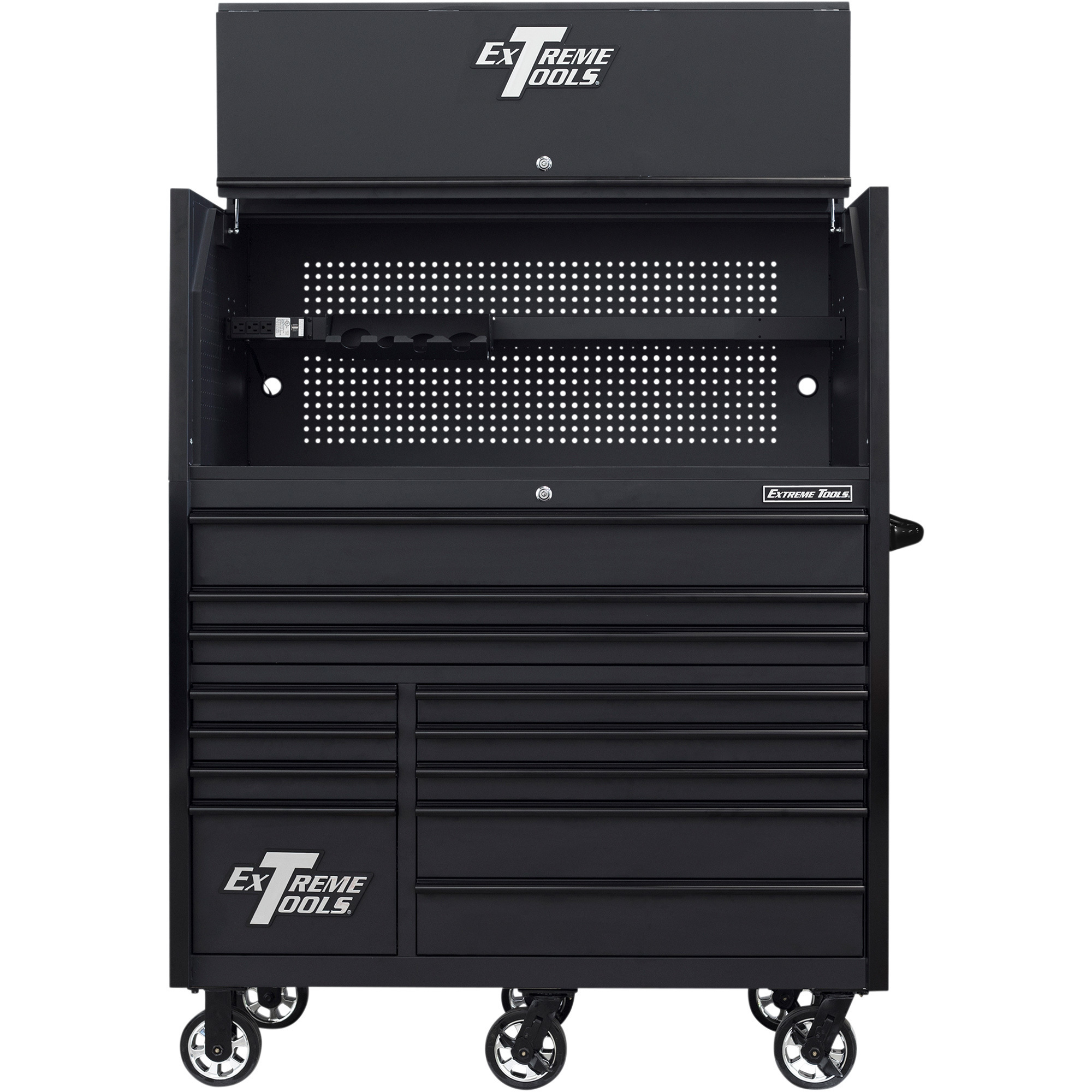 Extreme Tools Power Workstation Professional Hutch and 12-Drawer Roller Cabinet Combo - 55in.W, Matte Black, Steel, Lockable, Model# RX5513HRMK