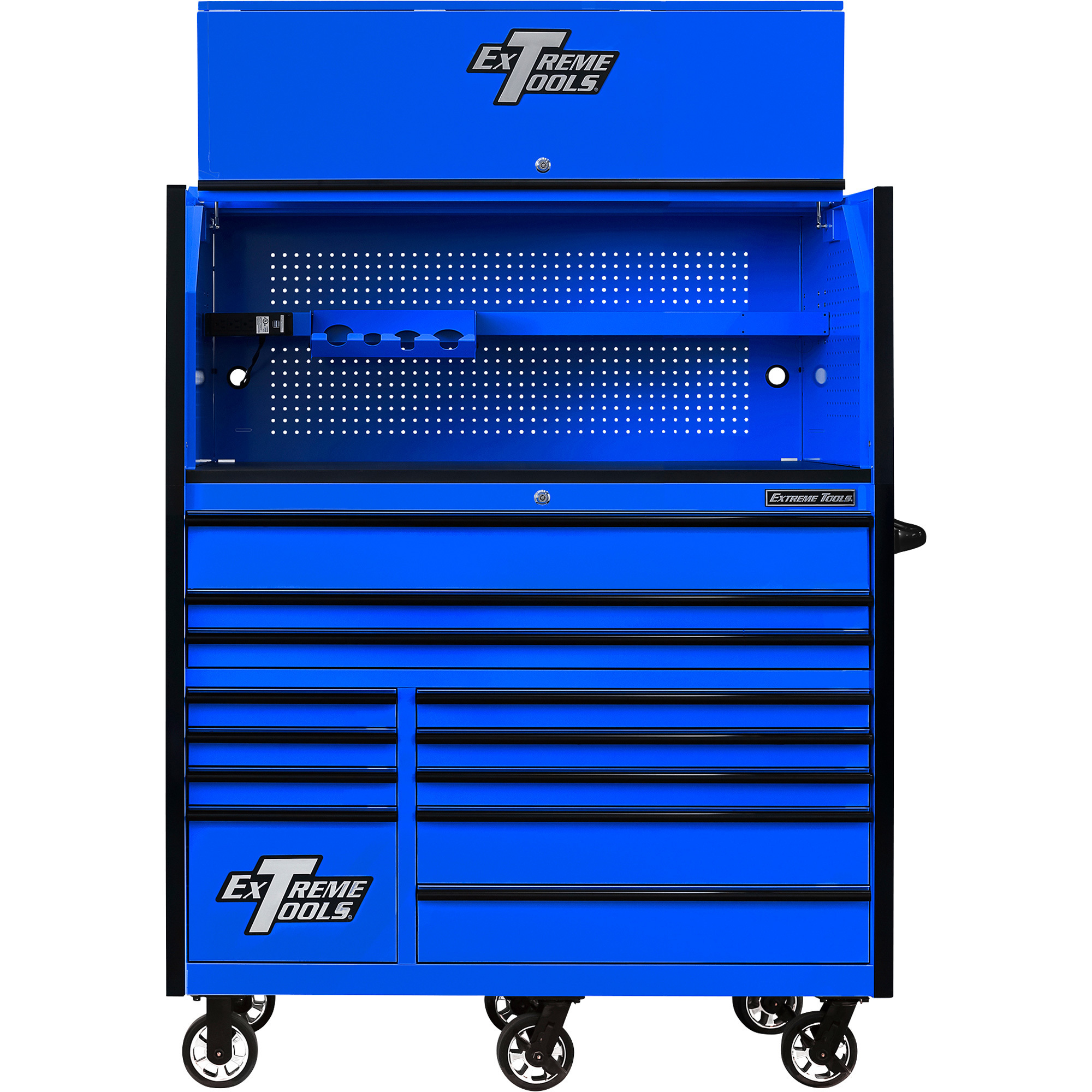 Extreme Tools Power Workstation Professional Hutch and 12-Drawer Roller Cabinet Combo - 55in.W, Steel, Adjustable Shelf, Power Strip, Blue/Black, Model# RX5513HRUK