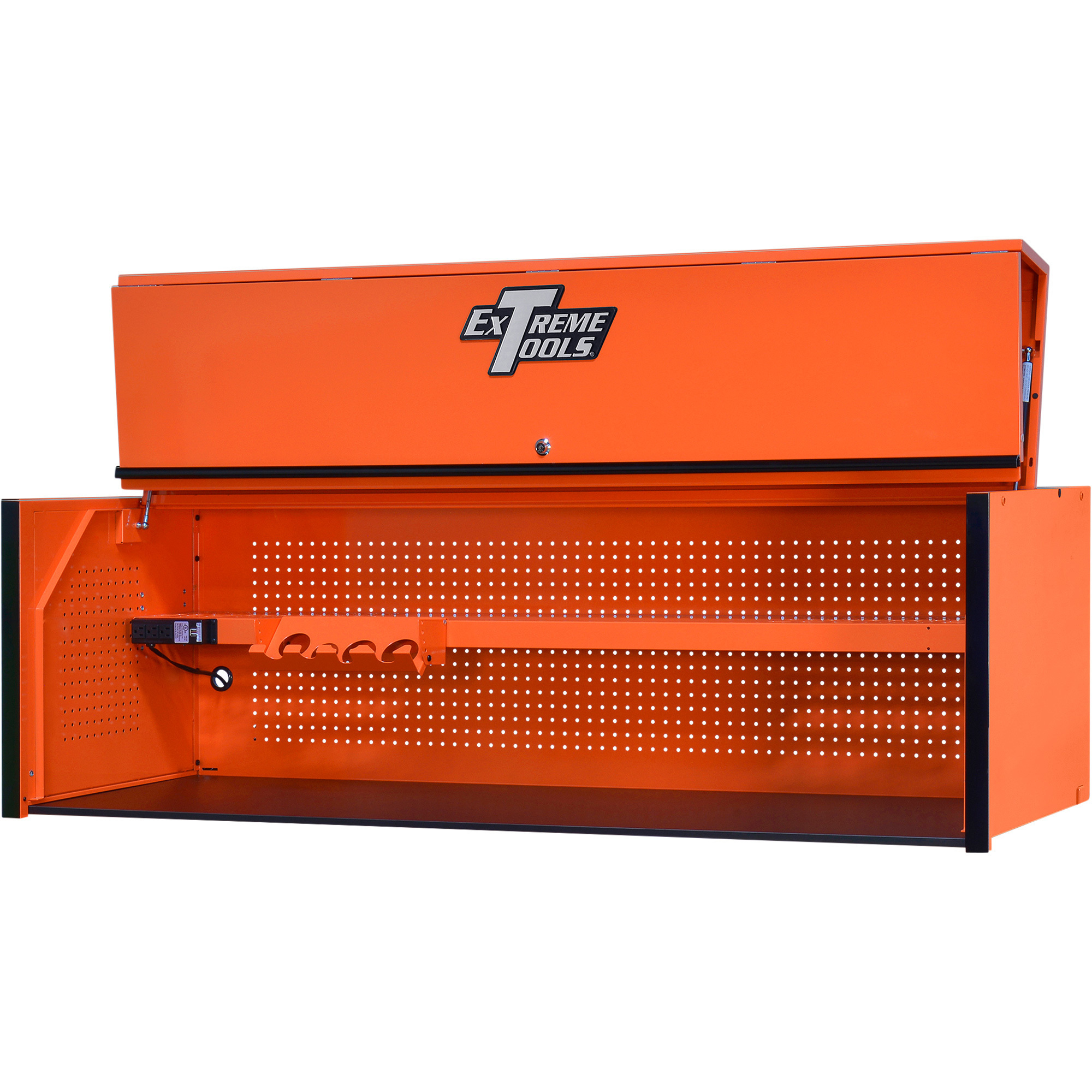 Extreme Tools Power Workstation Hutch - 72in.W x 25in.D, Adjustable Shelf, Power Strip, Orange/Black, Model# RX722501HCORBK