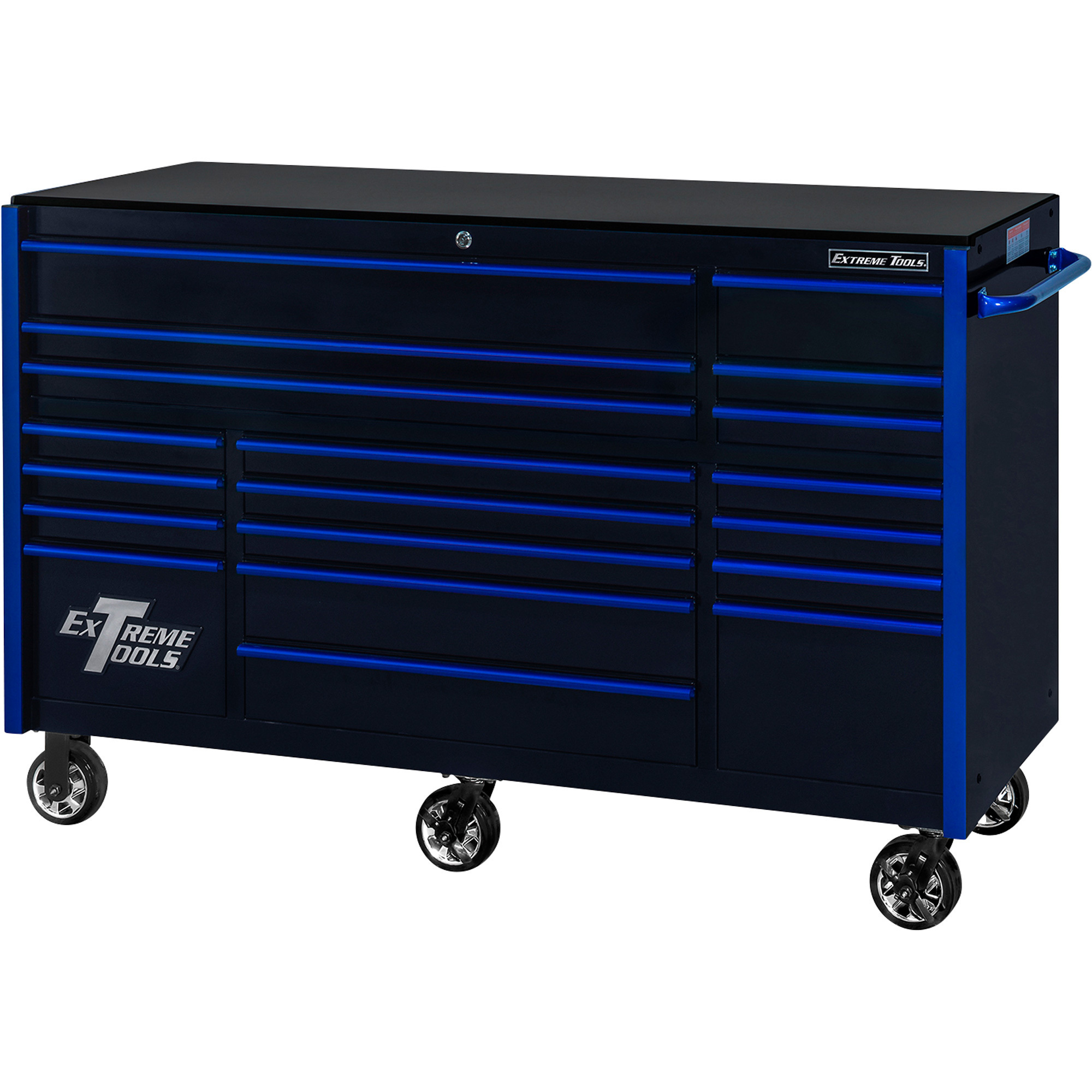 Extreme Tools 19-Drawer Roller Cabinet - 72in.W x 25in.D, Heavy-Duty 12-Ga. Steel, Black/Blue, Model# RX722519RCBKBU-X