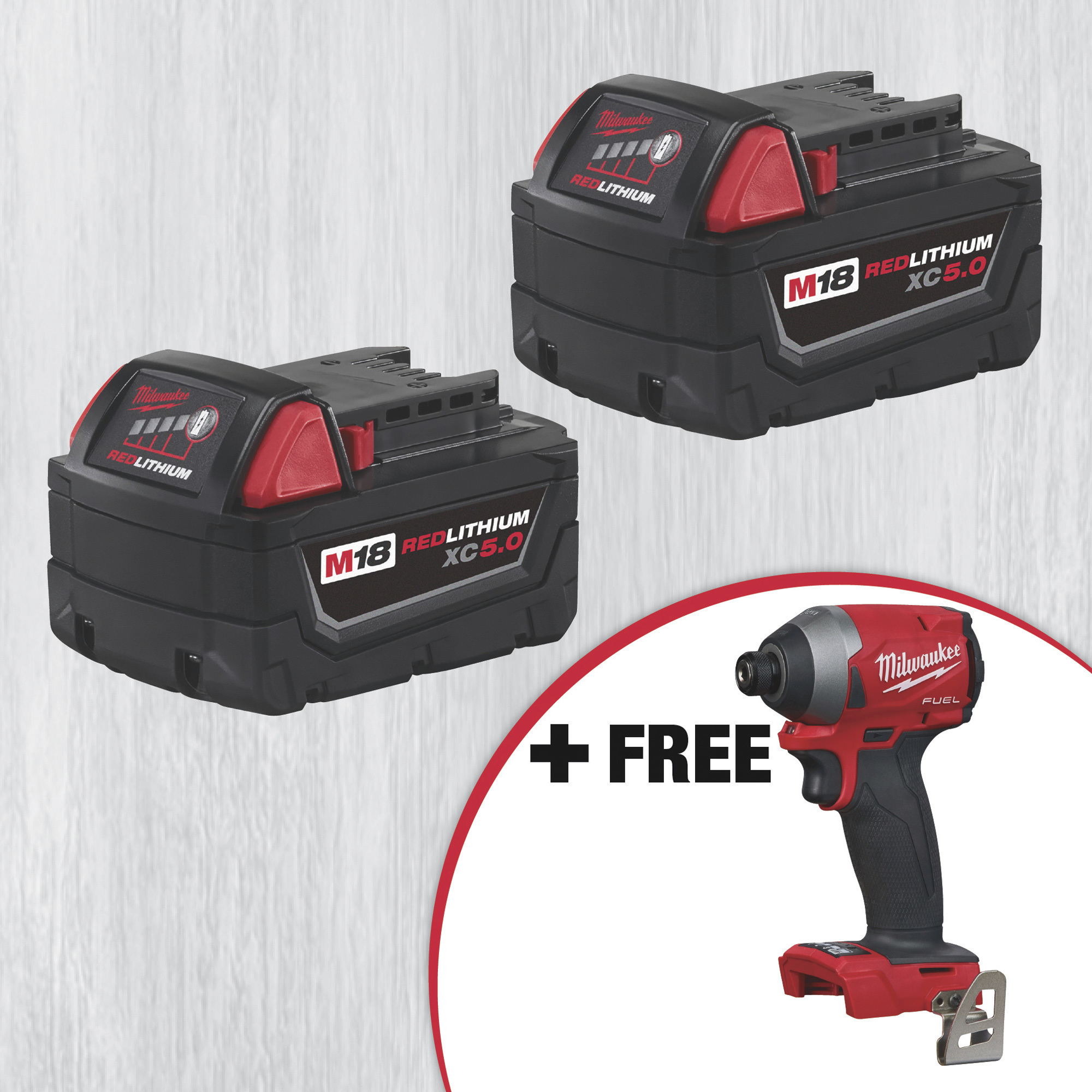 SPECIAL BUY! Milwaukee M18 REDLITHIUM XC 5.0 Extended Capacity Battery  2-Pack with FREE M18 FUEL(tm) Cordless 1/2in. Hammer Drill/Driver, Model#  48-11-1852BSE22P2