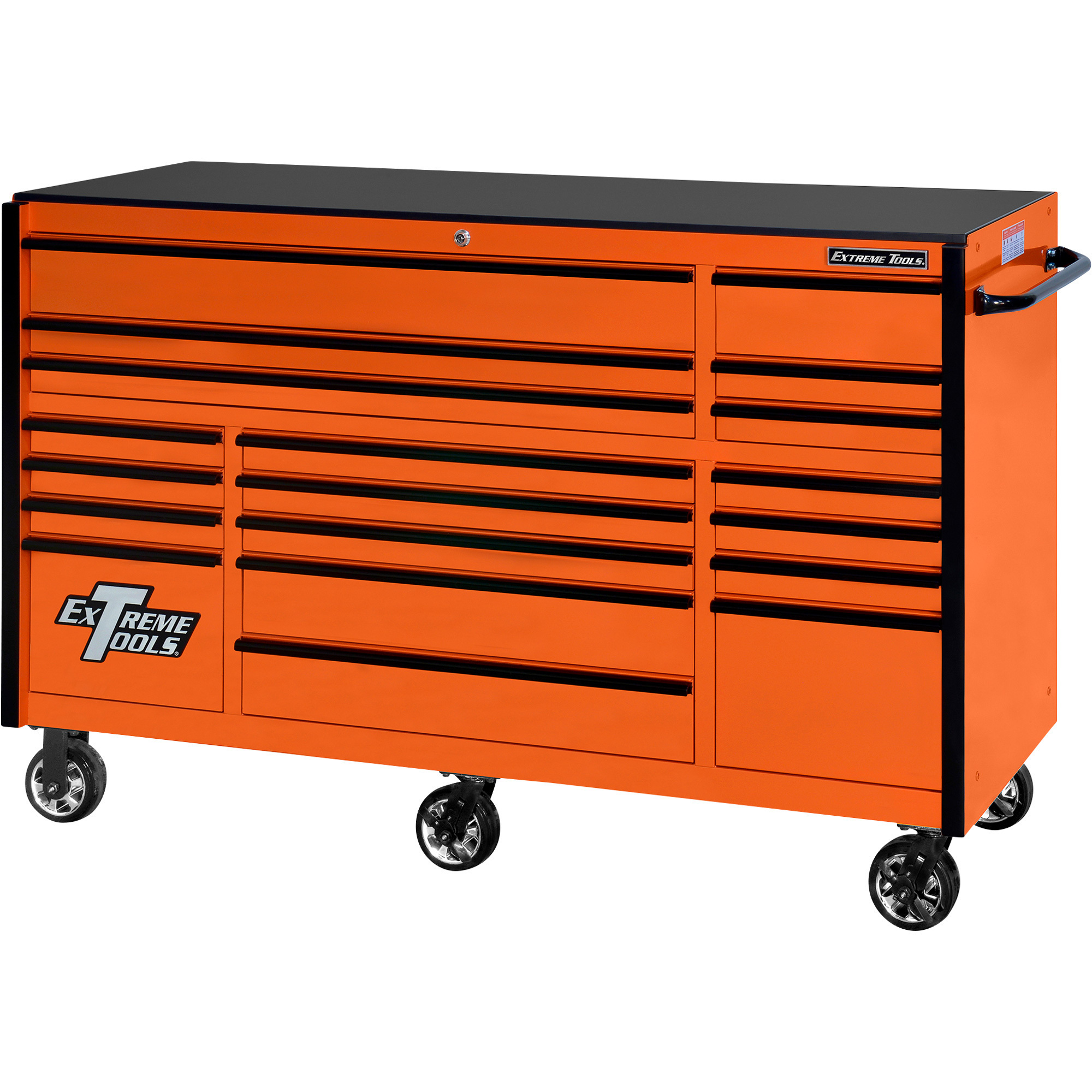 Extreme Tools 19-Drawer Roller Cabinet - 72in.W x 25in.D, Heavy-Duty 12-Ga. Steel, Orange/Black, Model# RX722519RCORBK-X
