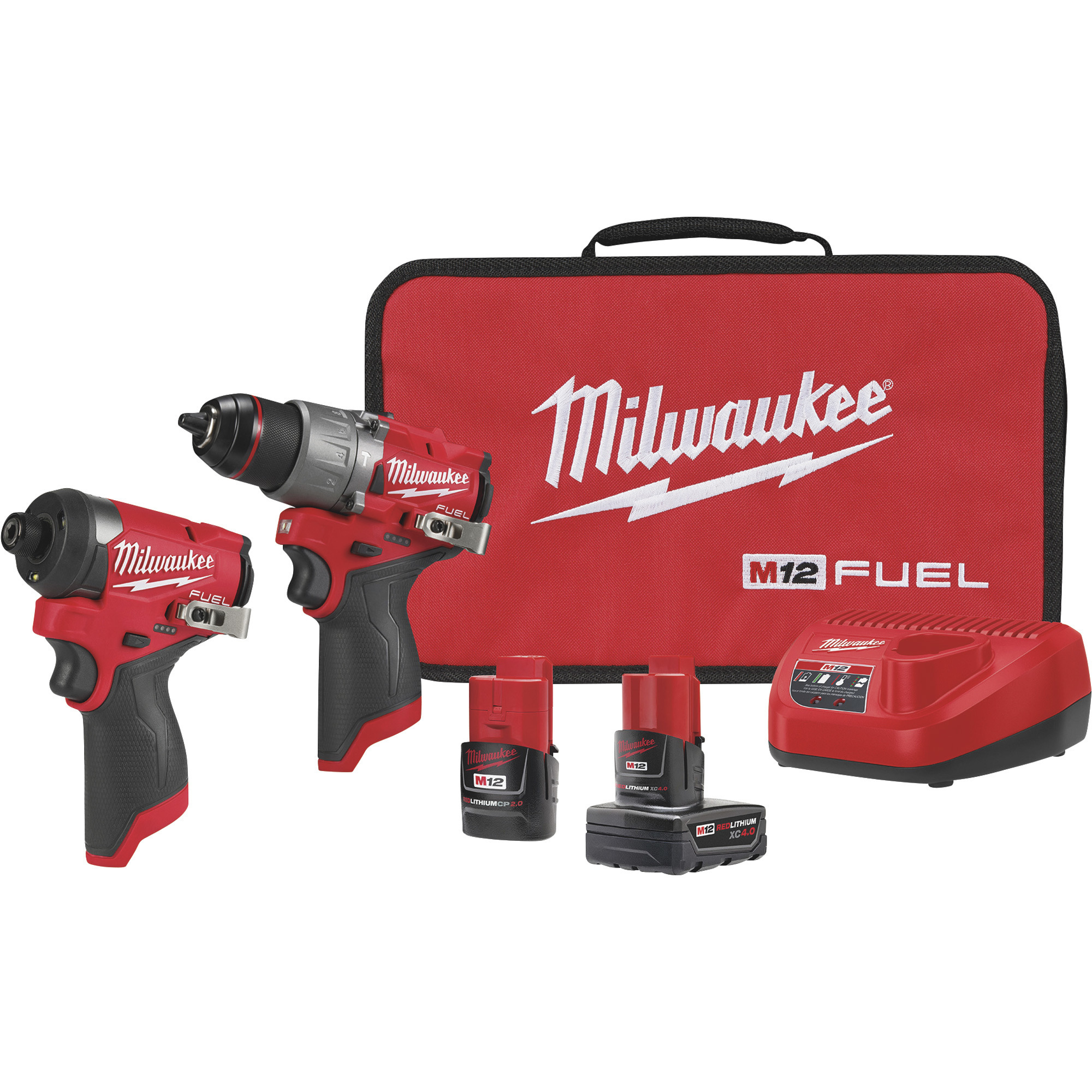 Milwaukee M12 FUEL 2-Tool Combo Kit, 1/2in. Drill Driver, 1/4in. Hex Impact  Driver, 2 Batteries, Charger, Model# 3497-22
