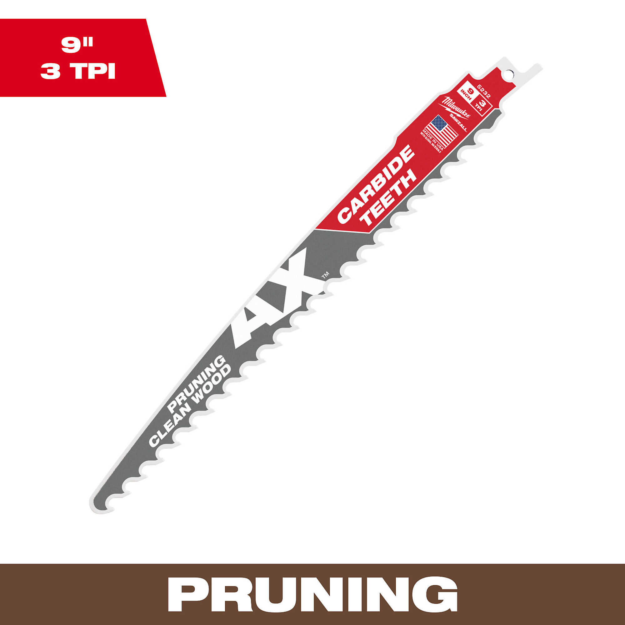 Milwaukee The AX for Pruning & Clean Wood Sawzall Blade, 9in., 3 TPI, Carbide Teeth, Model# 48-00-5232