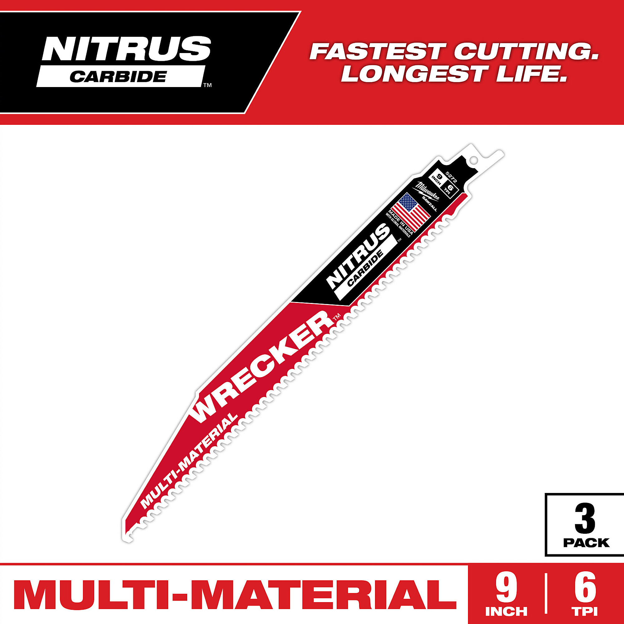 Milwaukee Wrecker Sawzall Blade, 3-Pack, 9in., 6 TPI, Nitrus Carbide Teeth, Model# 48-00-5372