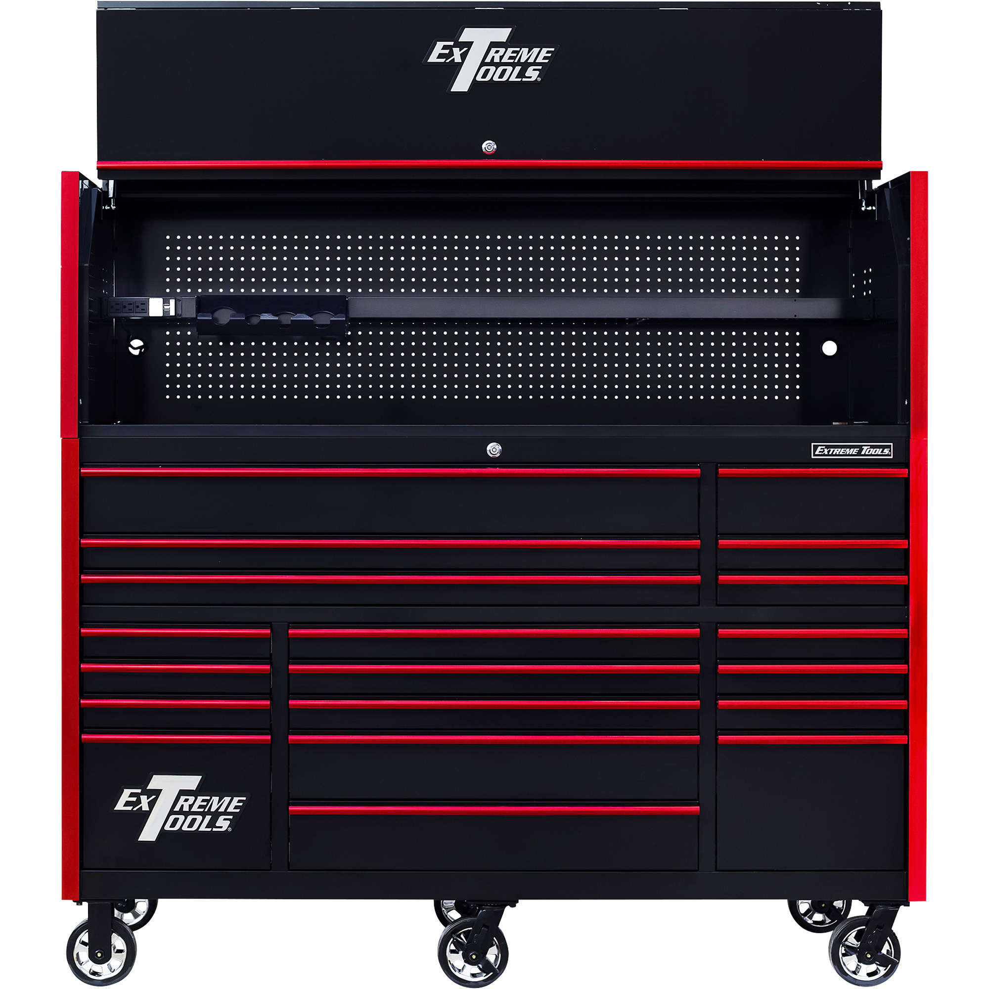 Extreme Tools Professional Hutch and 19-Drawer Roller Cabinet Combo - 72in.W, 250-Lb. Capacity Drawer Slides, Black/Red, Model# RX723020HRKR
