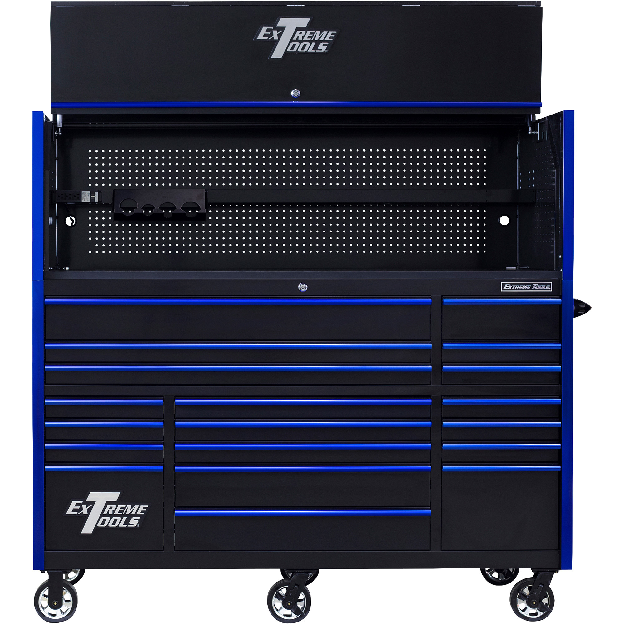Extreme Tools Professional Hutch and 19-Drawer Roller Cabinet Combo - 72in.W, Black/Blue, 250-Lb. Capacity, Model# RX723020HRKU