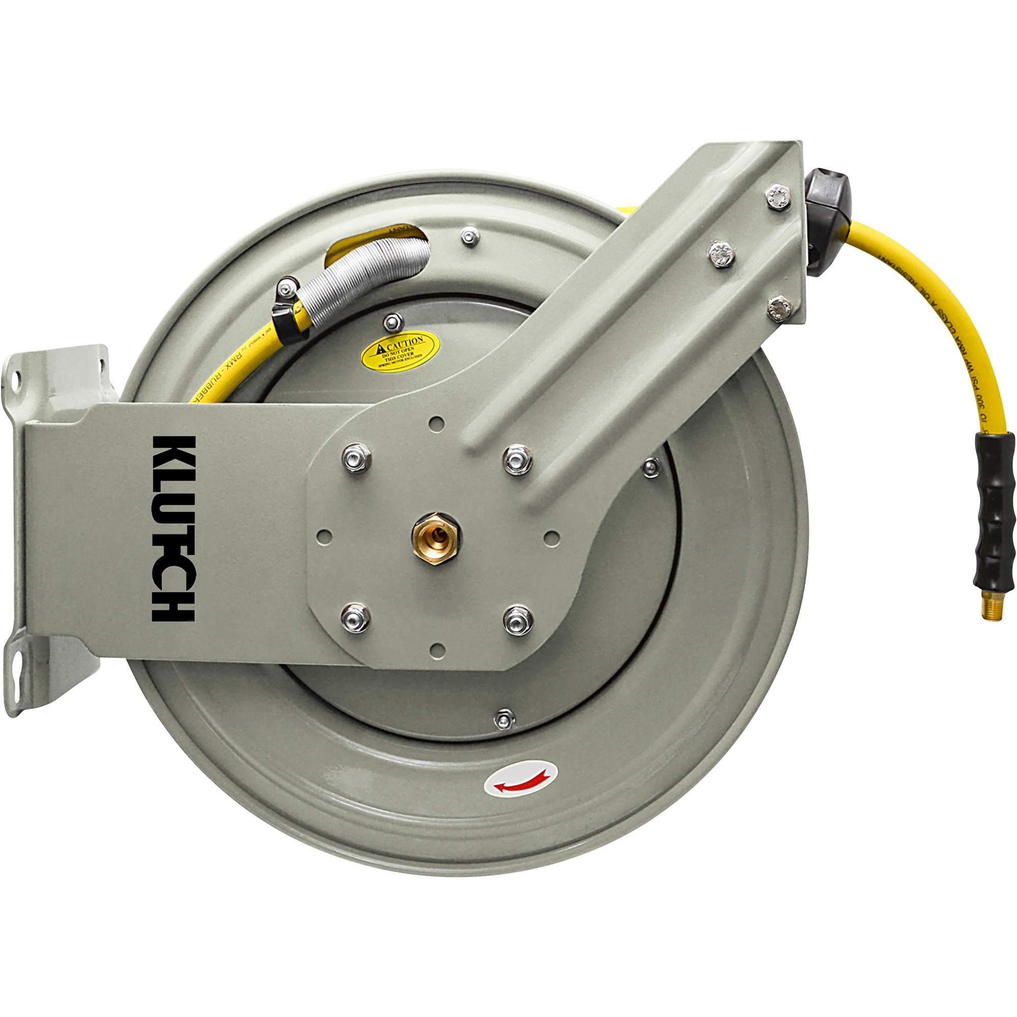 Klutch Auto-Rewind Air Hose Reel, with 1/2in.. x 50ft. Oil-Resistant Rubber  Hose, 300 PSI, Model# OSRDA1250-NT