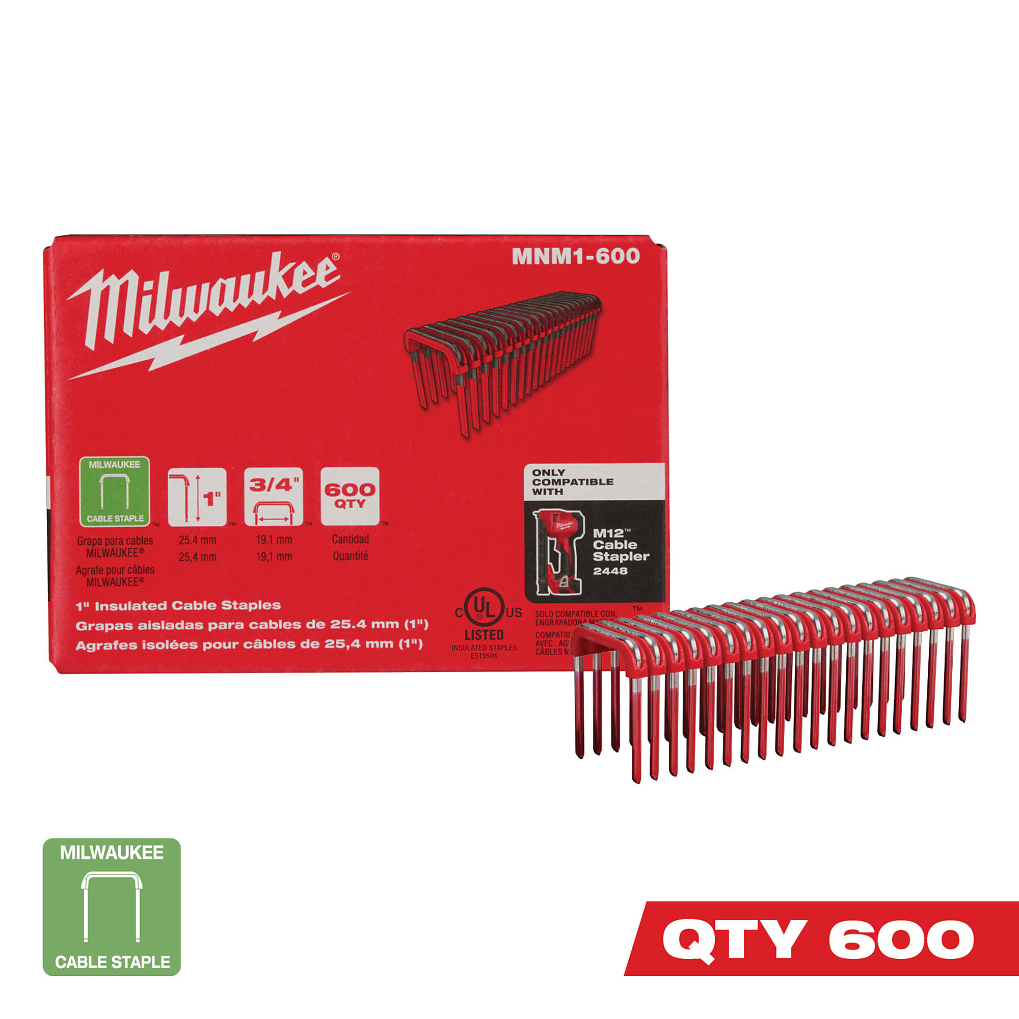 Milwaukee 1in. Insulated Cable Staples, 1 Box of 600 Staples, Model# MNM1-600